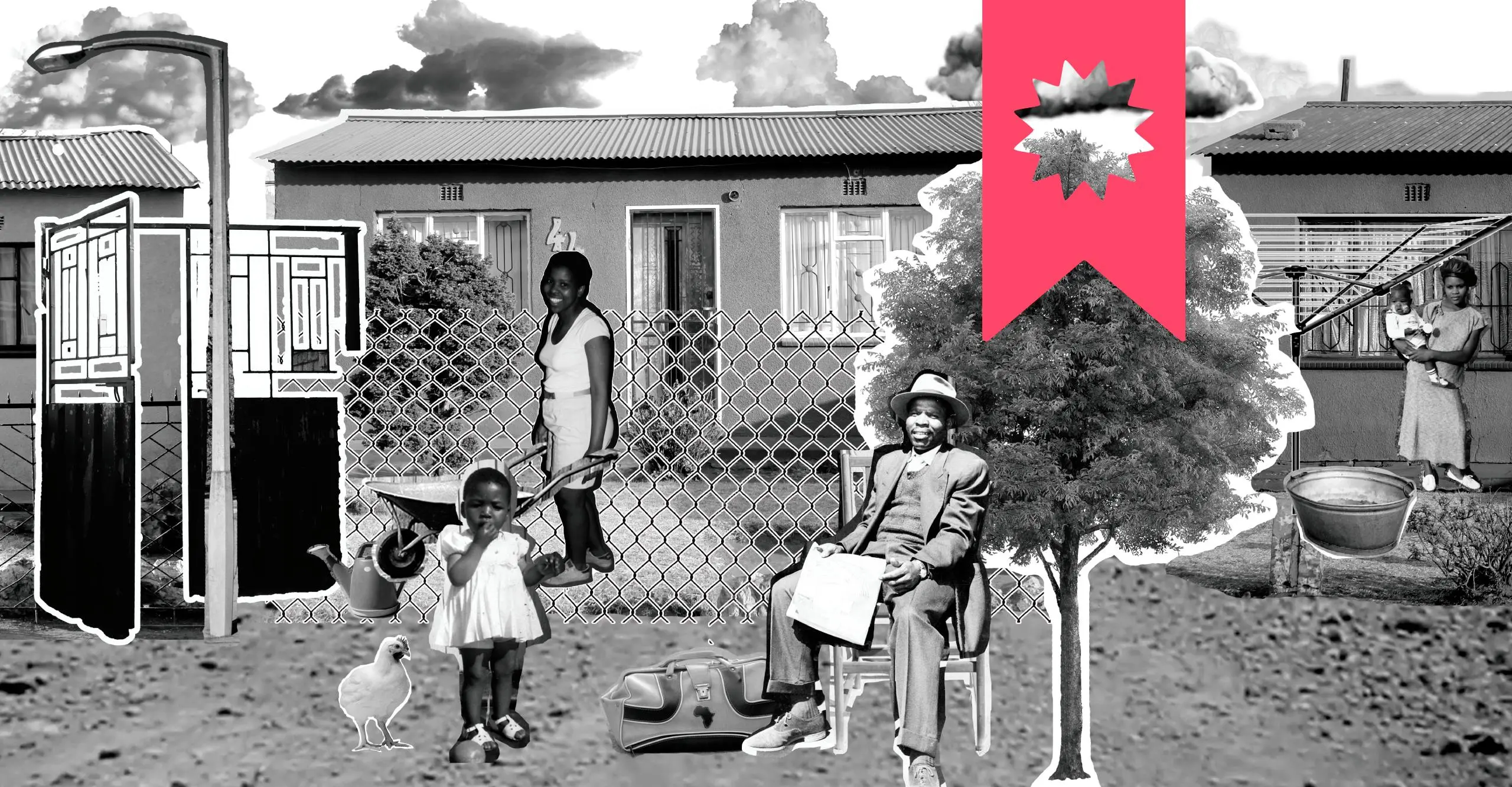 Black and white collage image of two  women, one of whom is carrying a baby, a man and a small  child, a tree, a streetlamp and a door in front of three  houses