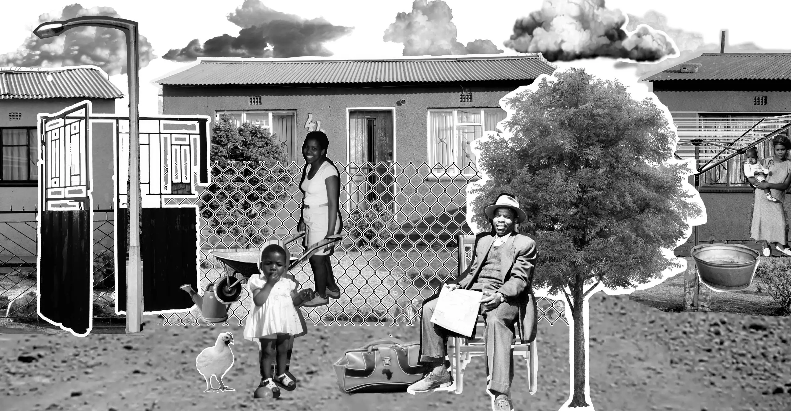 Black and white collage image of two  women, one of whom is carrying a baby, a man and a small  child, a tree, a streetlamp and a door in front of three houses