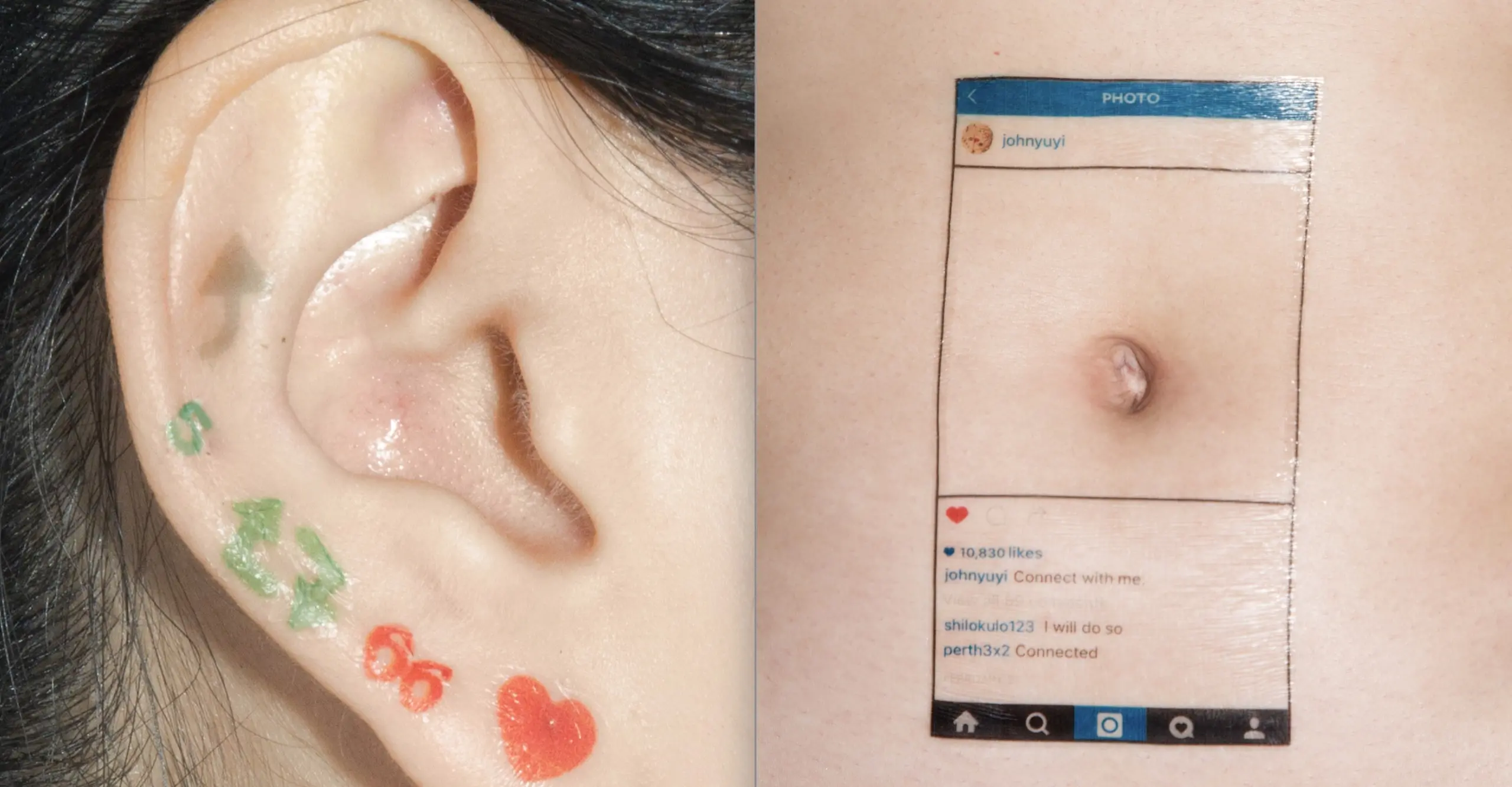Two close up images: (1) an ear with various emojis hand drawn along the lobe; (2) belly button framed with a hand drawn instagram border