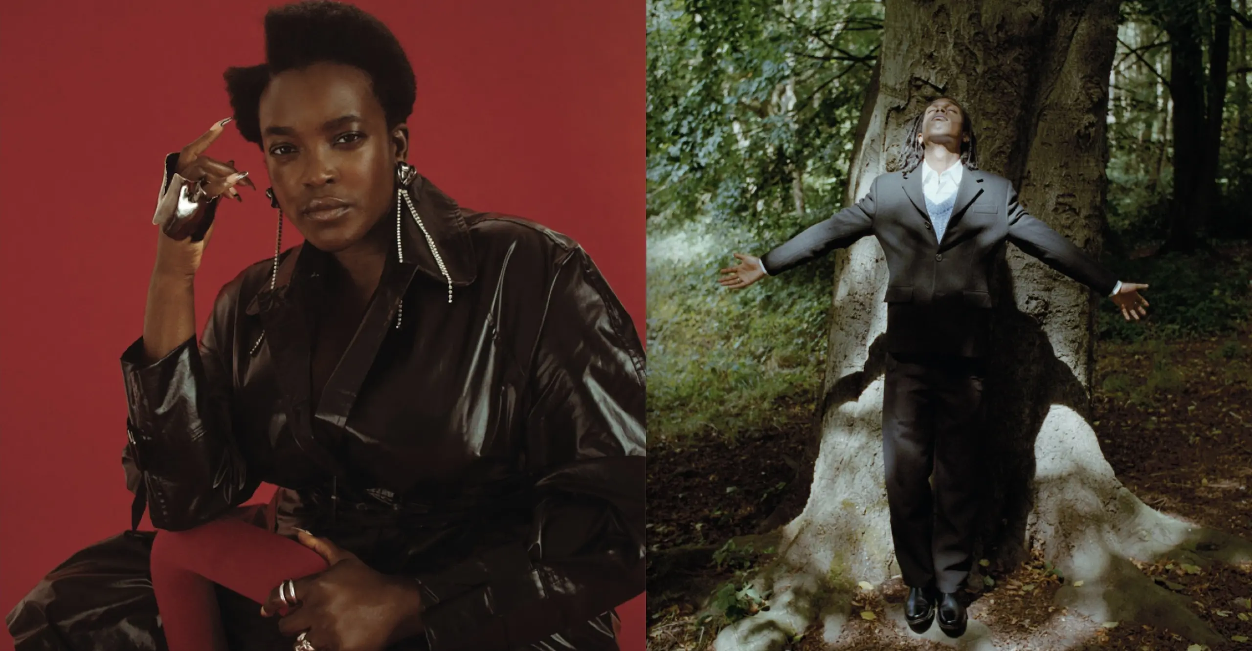 Two images: (1)  portrait with red background wearing a leather coat; (2) portrait of Bakar in suit in a forest