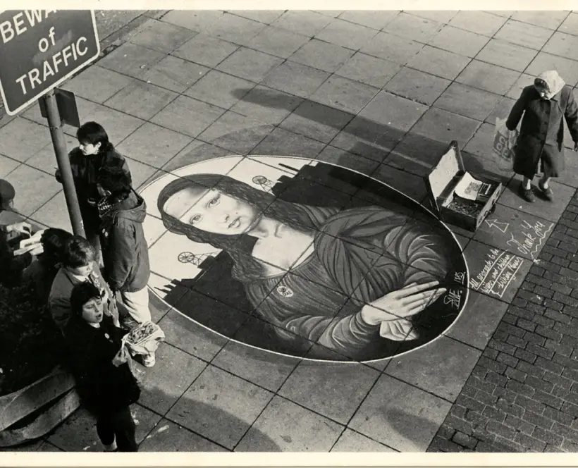 Pavement art, Nottingham City Centre, fundraising for miners&#039; strike, 1984/5. © Brenda Prince. PV Card. Courtesy The Photographers&#039; Gallery Archive