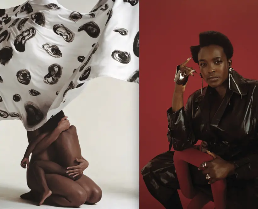 Two images: (1) portrait of a black figure holding a baby with a white material ballooned over the face; (2) portrait with red background wearing a leather coat