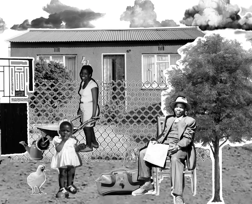 Black and white collage image of two  women, one of whom is carrying a baby, a man and a small  child, a tree, a streetlamp and a door in front of three houses