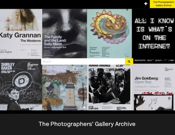 Colour screen shot of a web page showing The Photographers' Gallery online archive