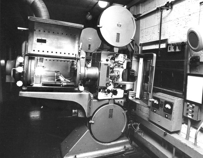 Projection room, showing the Phillips DP70 dual gauge 35/70mm projector, Columbia Cinema (now Curzon Soho), c. 1960, Trinity Mirror / Mirrorpix / Alamy Stock Photo