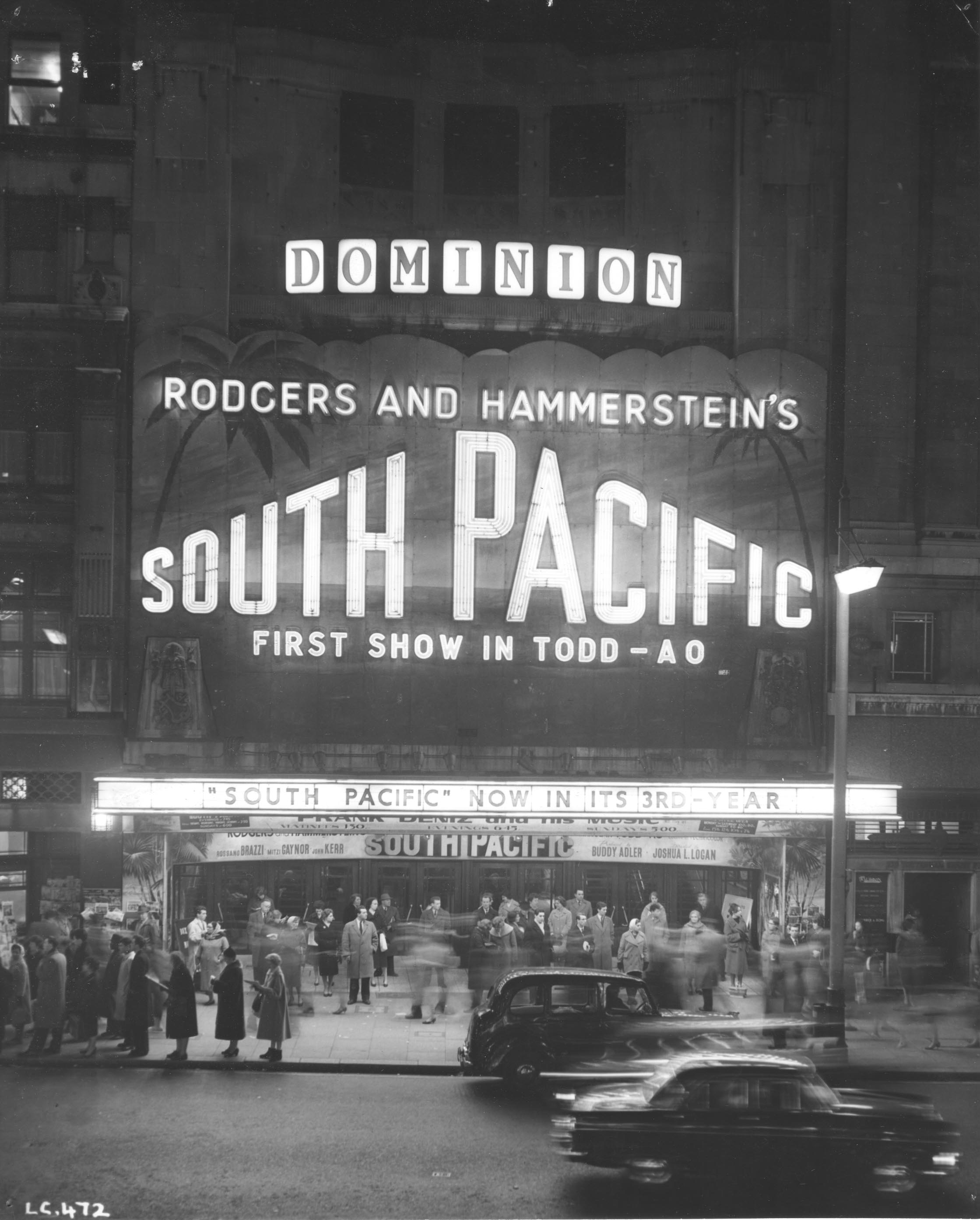 South Pacific, Dominion Theatre, c. 1961, courtesy Cinema Theatre Association Archive. South Pacific ran for a record-breaking 4 years and 22 weeks and was screened in Todd-AO, a 70mm widescreen format