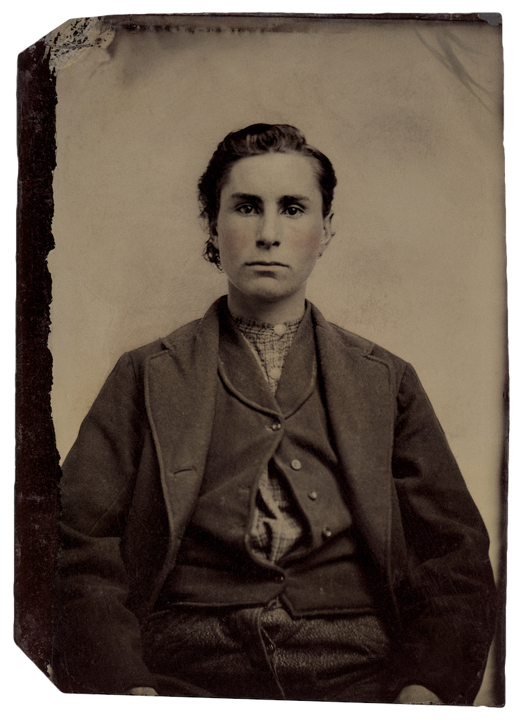 Femme en habit d’homme, ferrotype, États-Unis, circa 1880