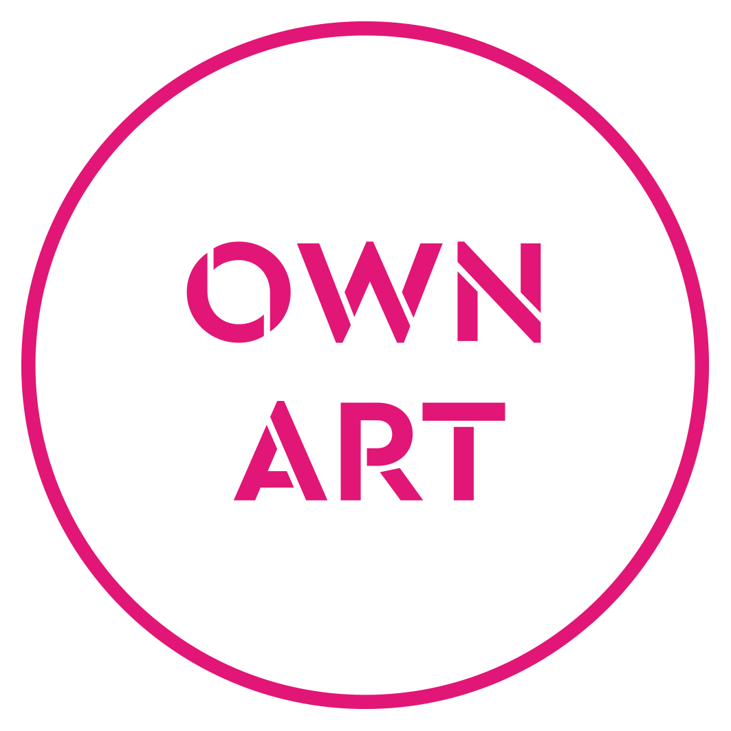 Circle with text in centre reading own art logo in pink