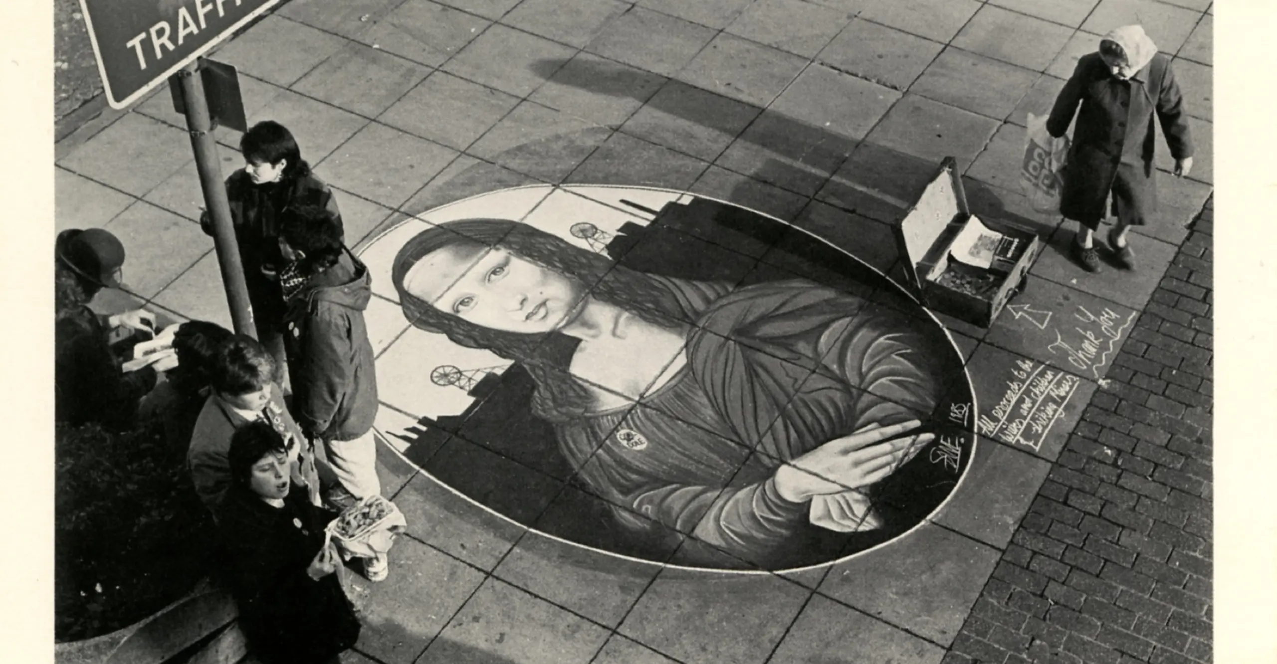 Pavement art, Nottingham City Centre, fundraising for miners&#039; strike, 1984/5. © Brenda Prince. PV Card. Courtesy The Photographers&#039; Gallery Archive
