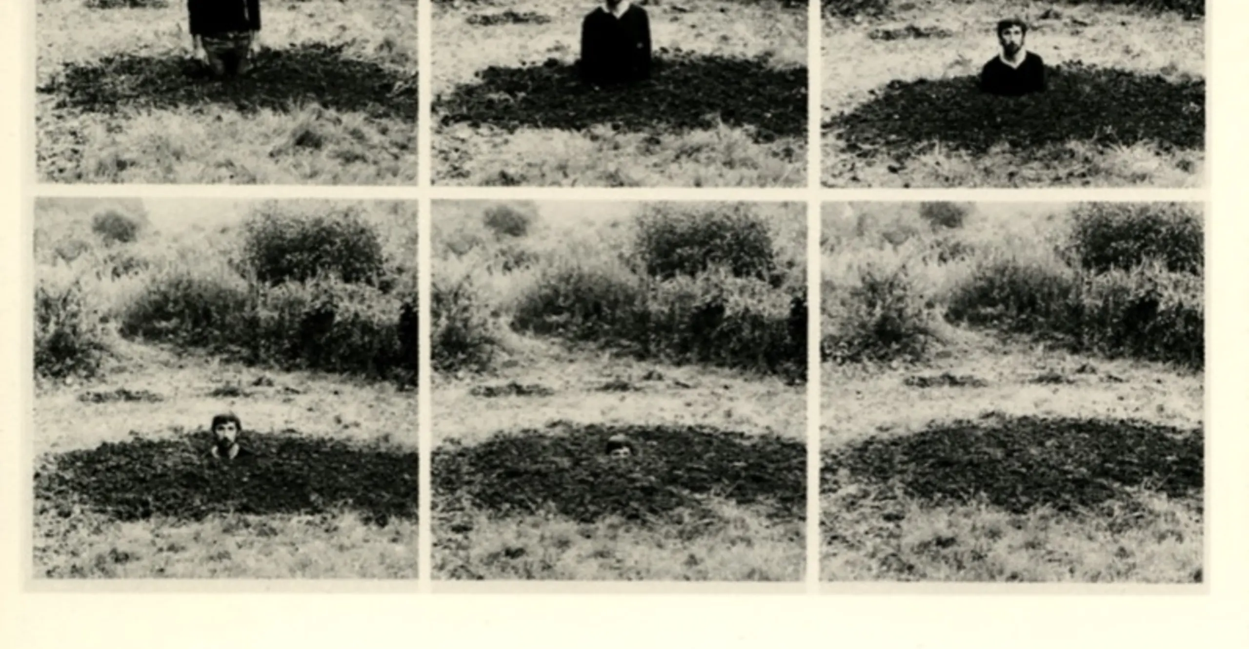 PV Card for Photography As Performance. Courtesy The Photographers' Gallery Archive, image detail from Keith Arnatt, Self Burial (Television Interference Project), 1969 