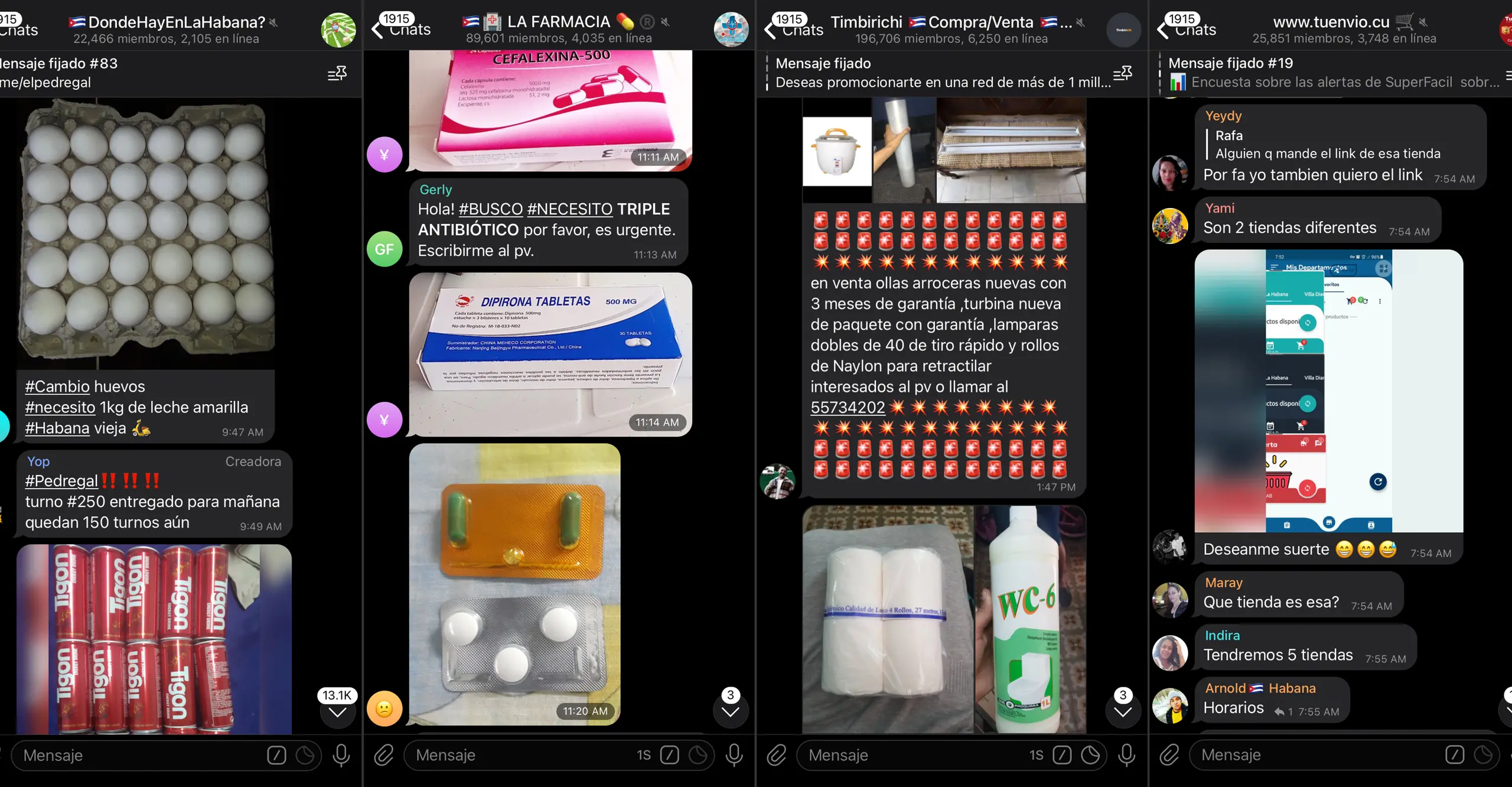 Screenshots of four telegram channels, showing products including eggs, medication, and soft drinks