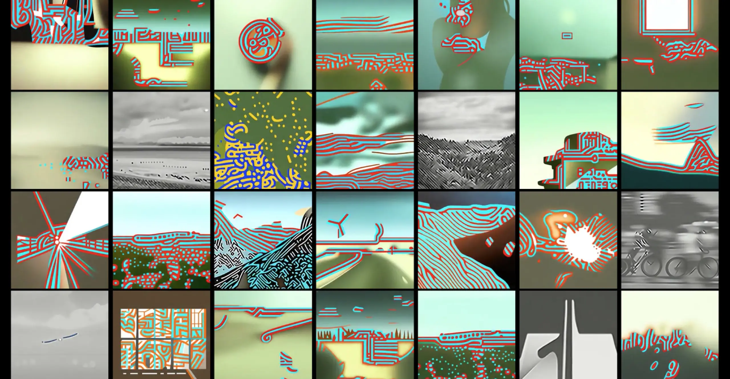 A grid of generative ai images with some objects appearing with coloured stripes on them