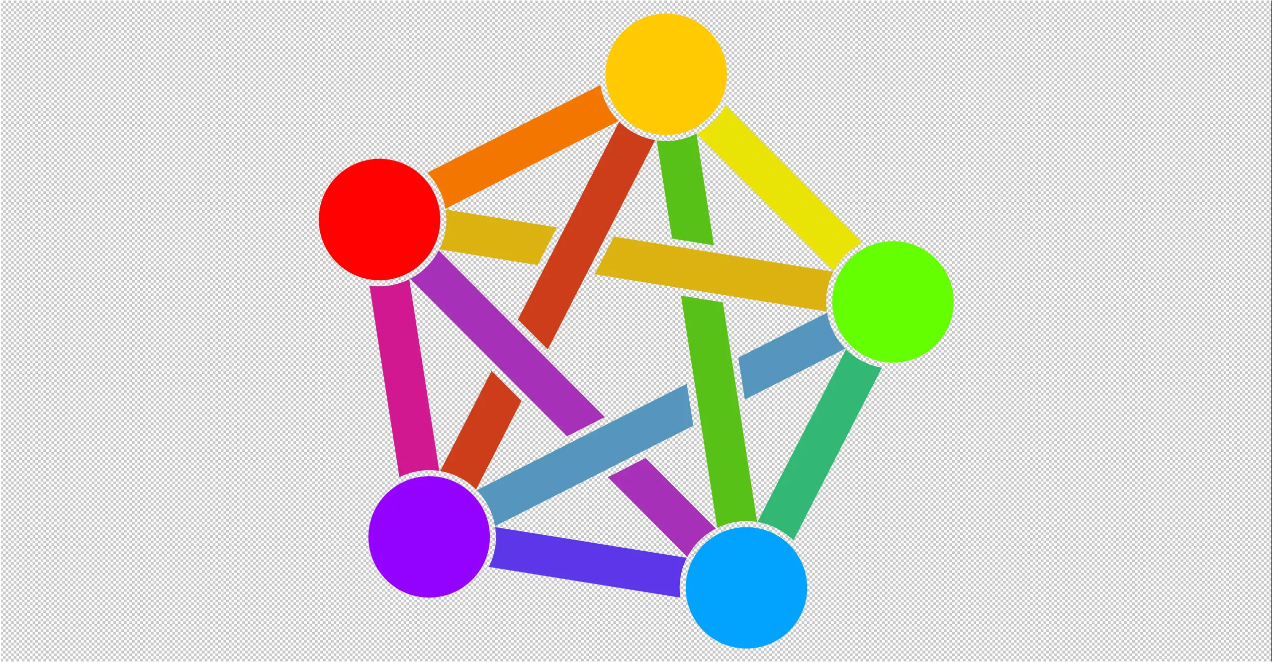 five nodes in pentagon shape with all diagonals, multicoloured over a grey and white squares background