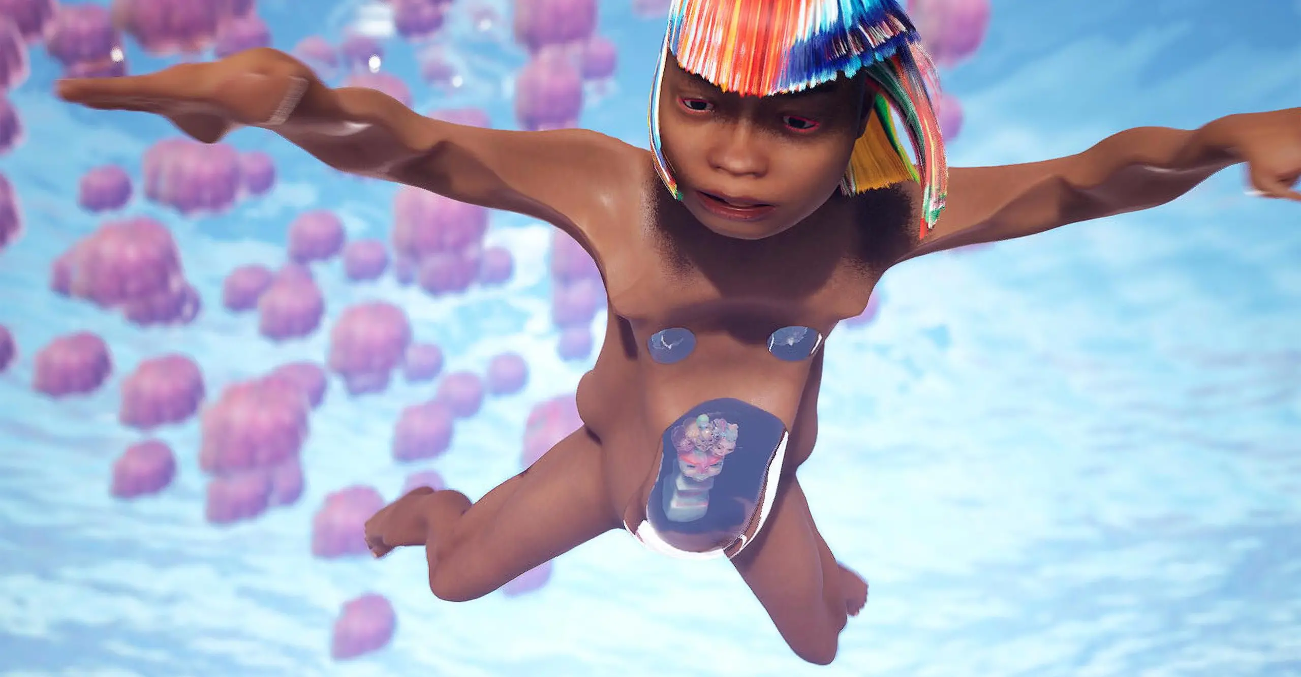 A digtal pregnant  avatar floats in a sea with jelly fish.