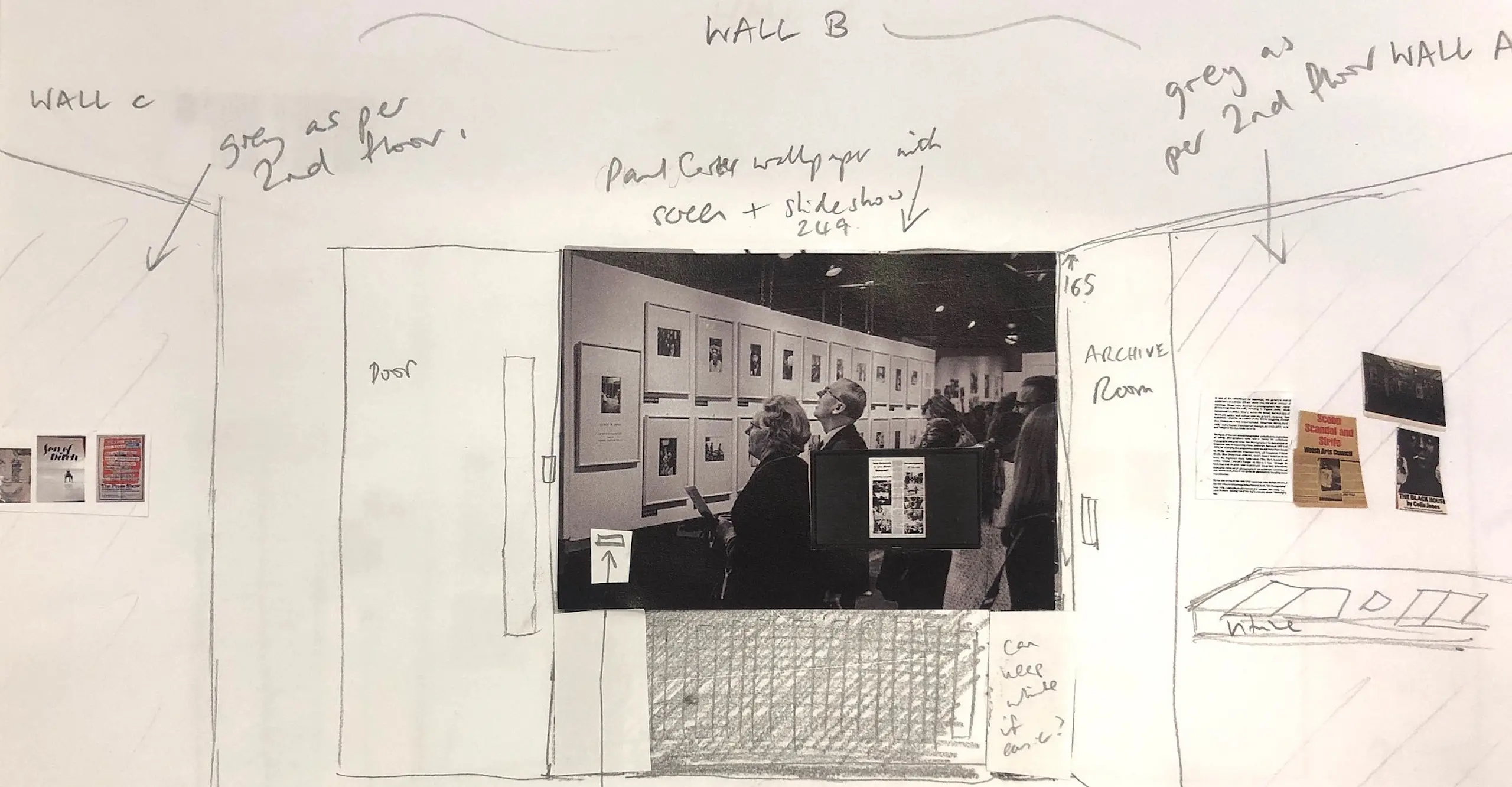 Colour photograph of a pencil mock up of an exhibition space with photographs collaged on top