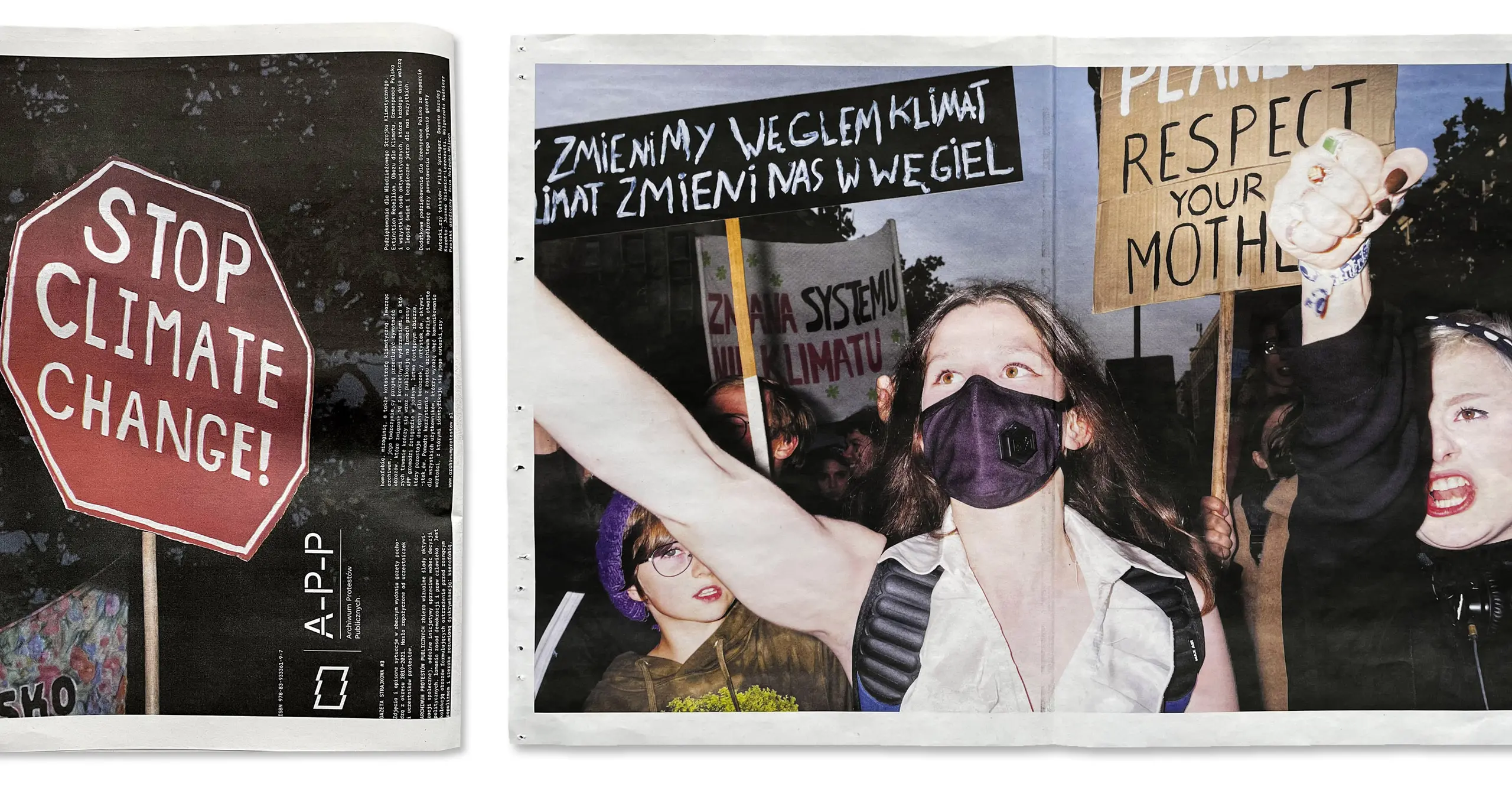 Newspaper scans showing a sign and people protesting. 