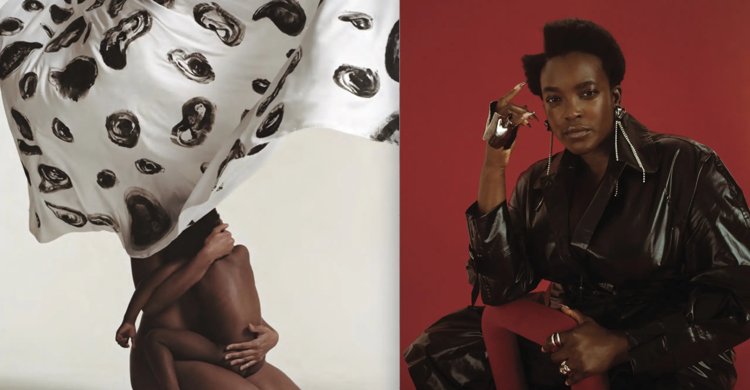 Two images: (1) portrait of a black figure holding a baby with a white material ballooned over the face; (2) portrait with red background wearing a leather coat