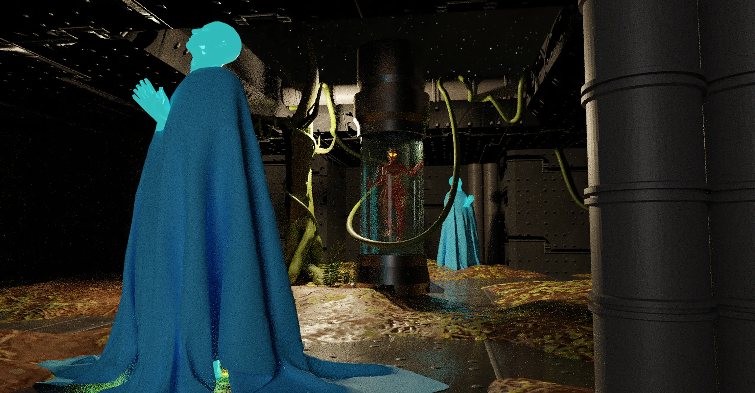 A blue digital figure in a darker blue cloak looks upwards in prayer, in an industrial indoor environment that includes a human-like figure in a floating vertically in a tube