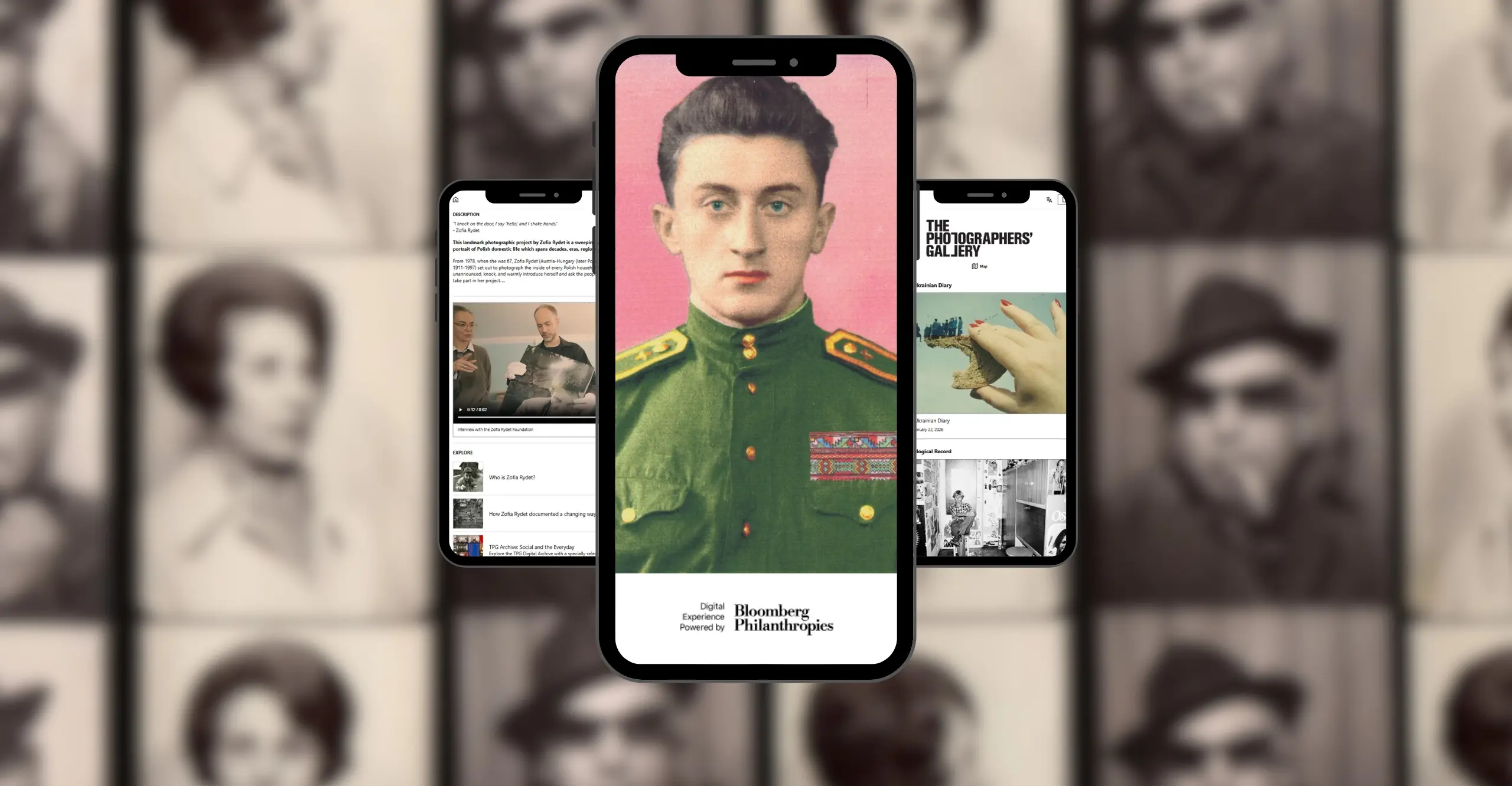 Colour photograph of three phone screens showing the digital guide 