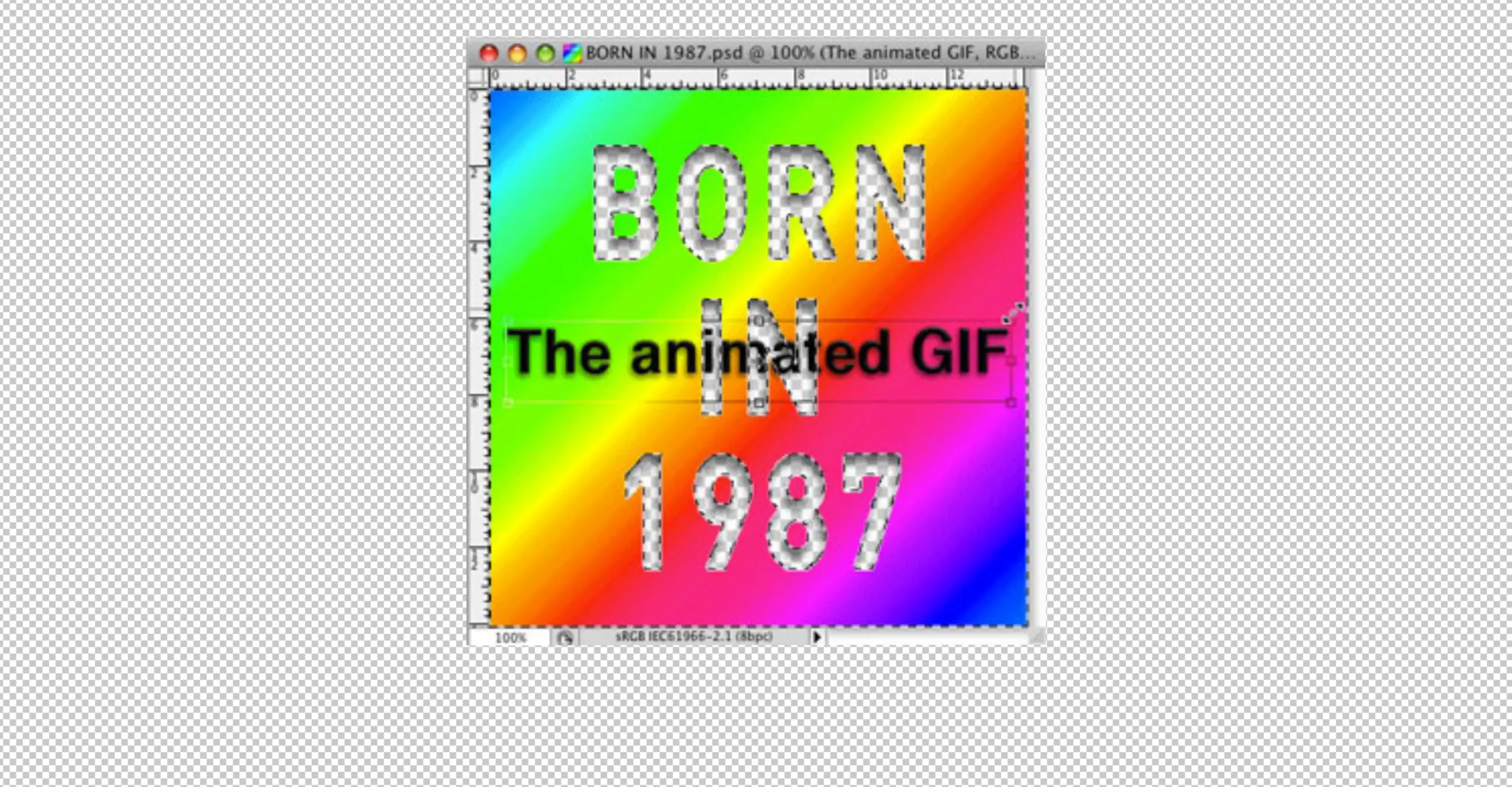 A graphic saying born in 1987, the animated GIF, overlaid on top of a layer of white and grey squares