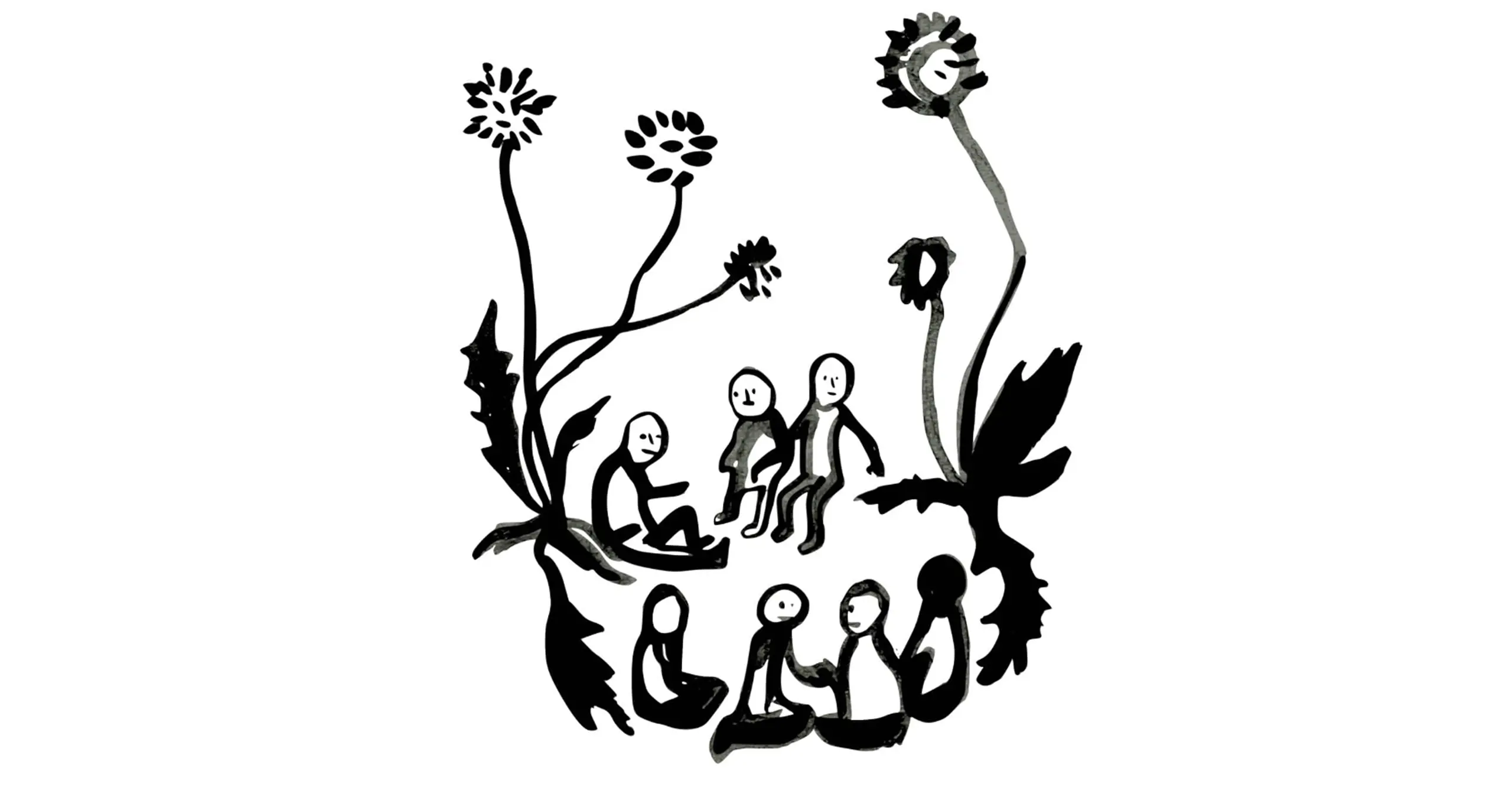 A simple ink drawing of seven people sitting in a circle under large flowers