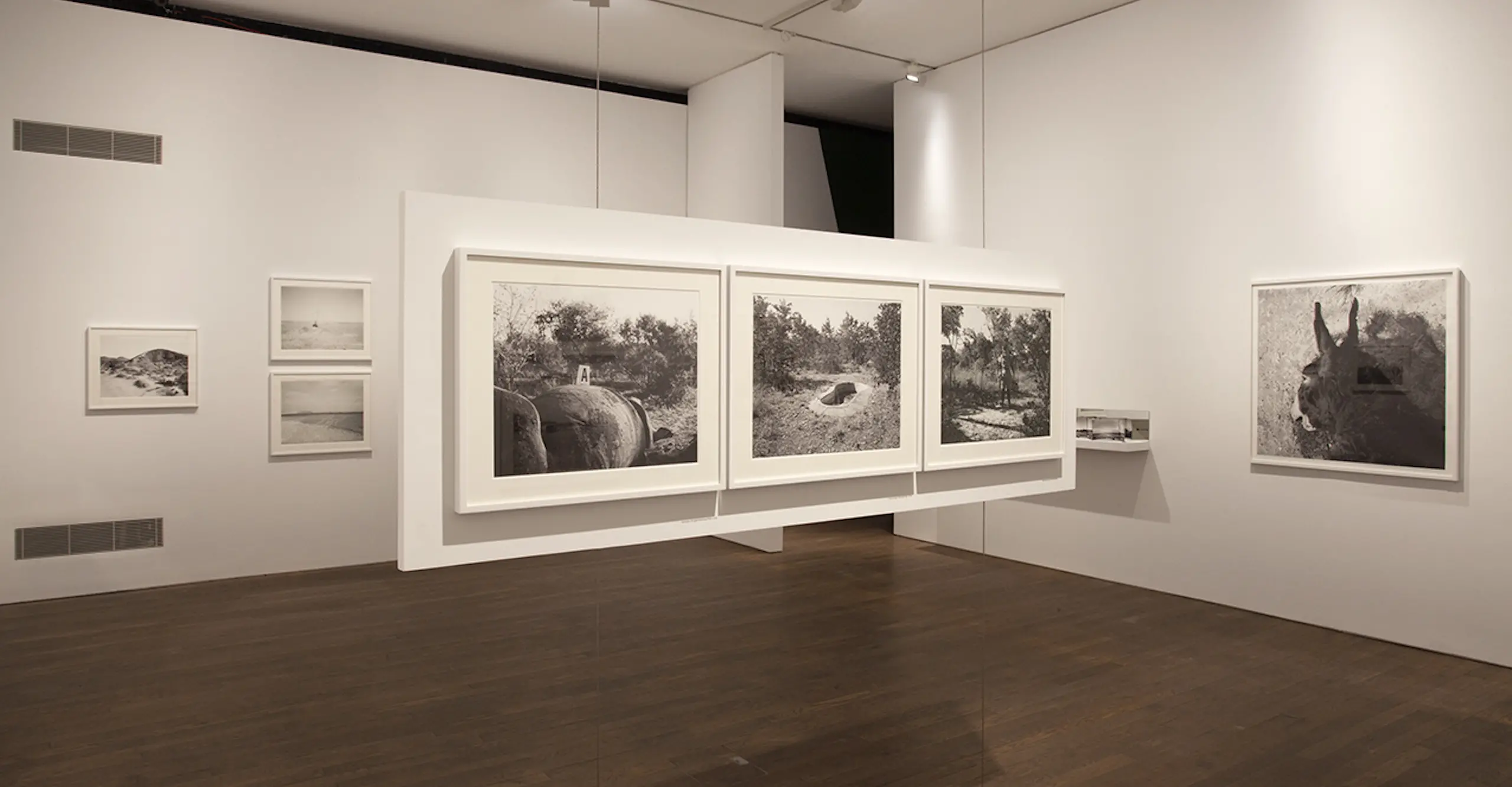 Framed black and white photographs of landscapes hang in a white-walled gallery with wooden floors. 