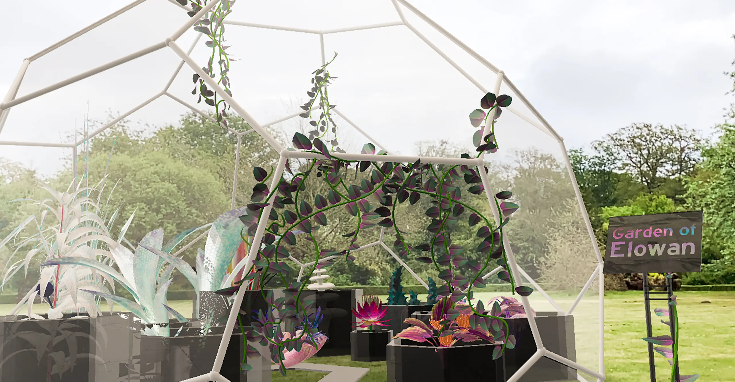A virtual greenhouse sits in a real life green sapce