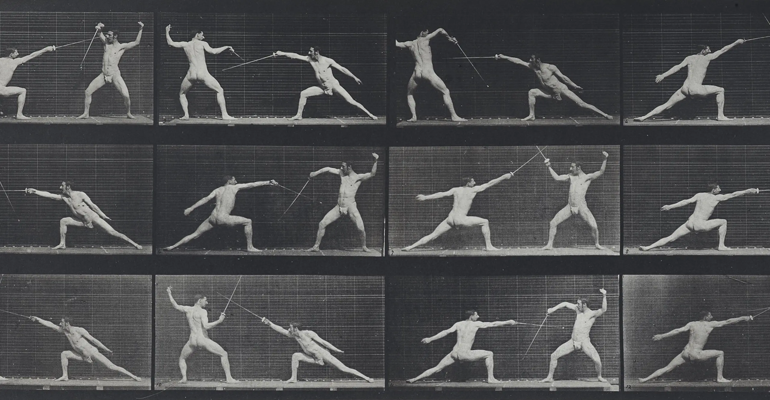 A grid of photographs showing a time lapse of two men, naked but for a loin cloth, fencing.