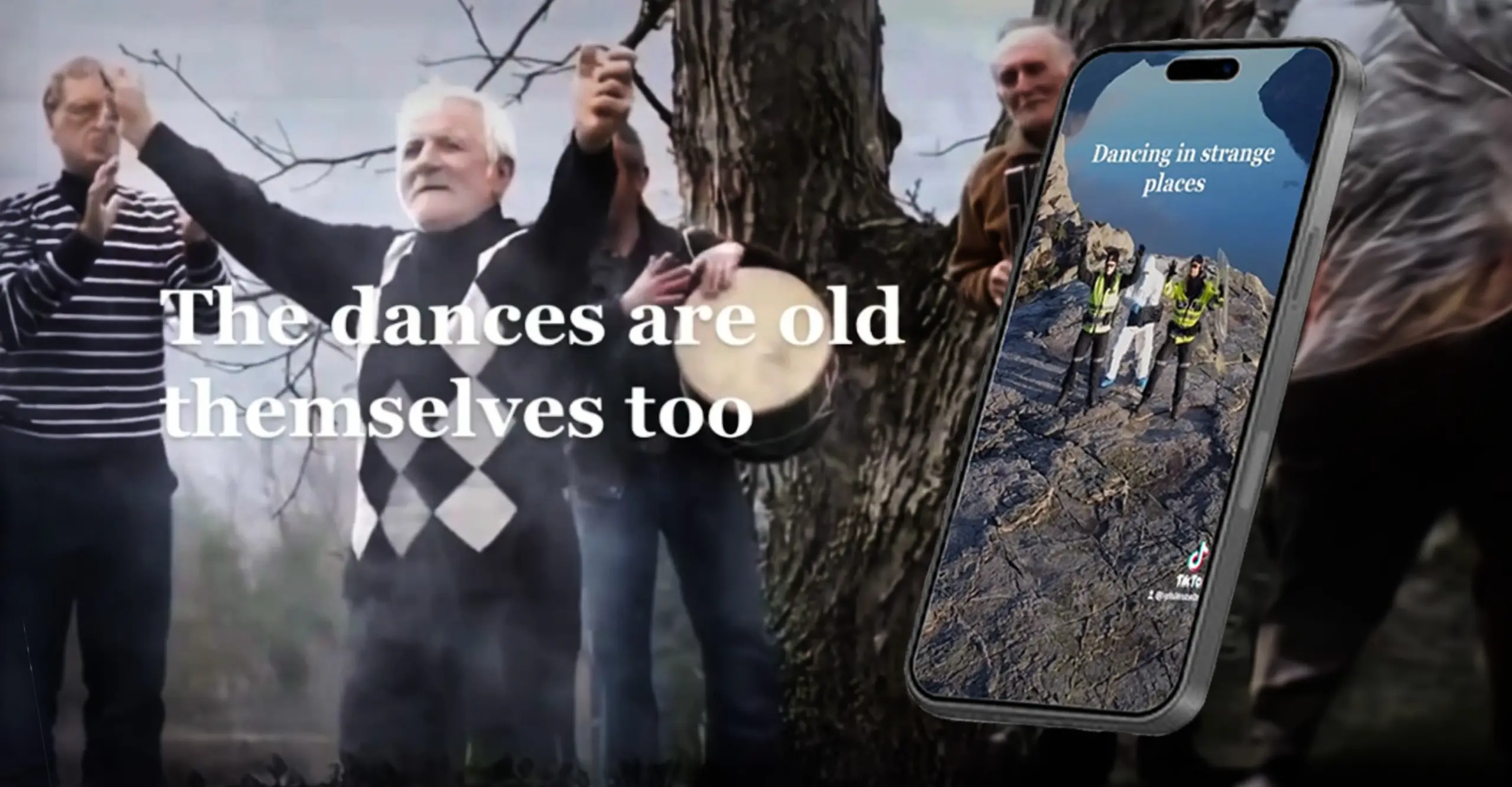 A screen of a tiktok video of a person in black and white patched clothing. Text overlaid says 'Dances are old themselves too'. A composite of a mobile phone showing a different tiktok with the text 'Dancing in Strange Places'.