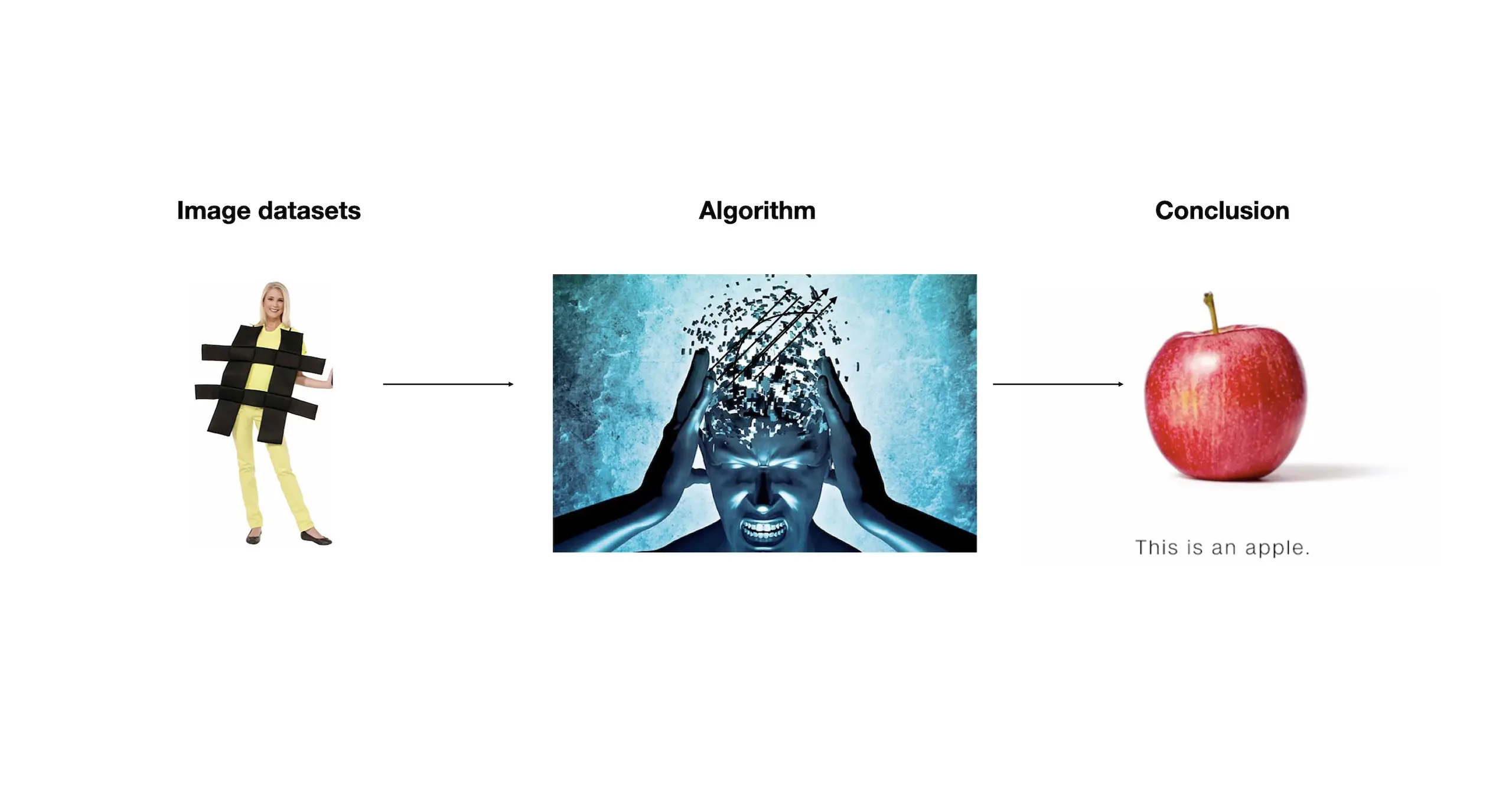 Three pictures in a line - a person holding a number symbol, a frustrated person holding their head, and an apple: with the text above each: Image datasets; algorithm; conclusion.