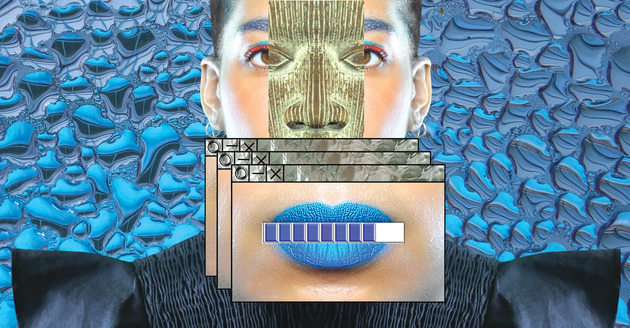 The features of a woman's face against a blue patterned background are replaced by small computer windows picturing different features