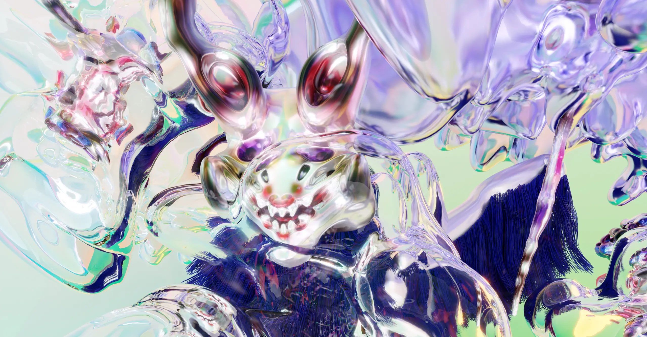 A highly computer generated image of the top of an otherworldly figure, covered in reflective translucent materials