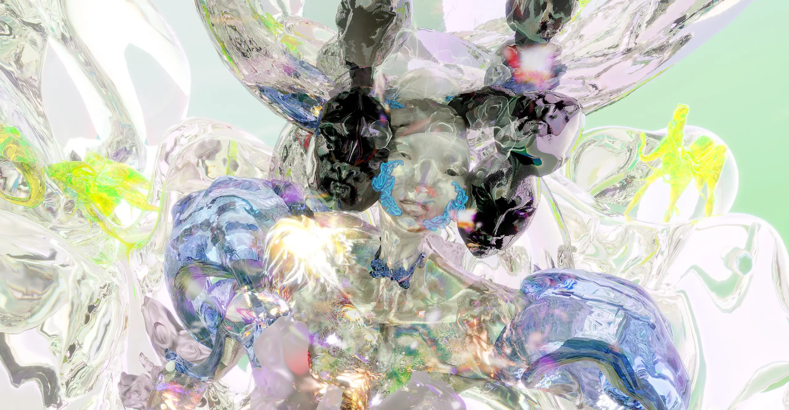 A highly computer generated image of the top of an otherwordly figure, covered in reflective translucent materials