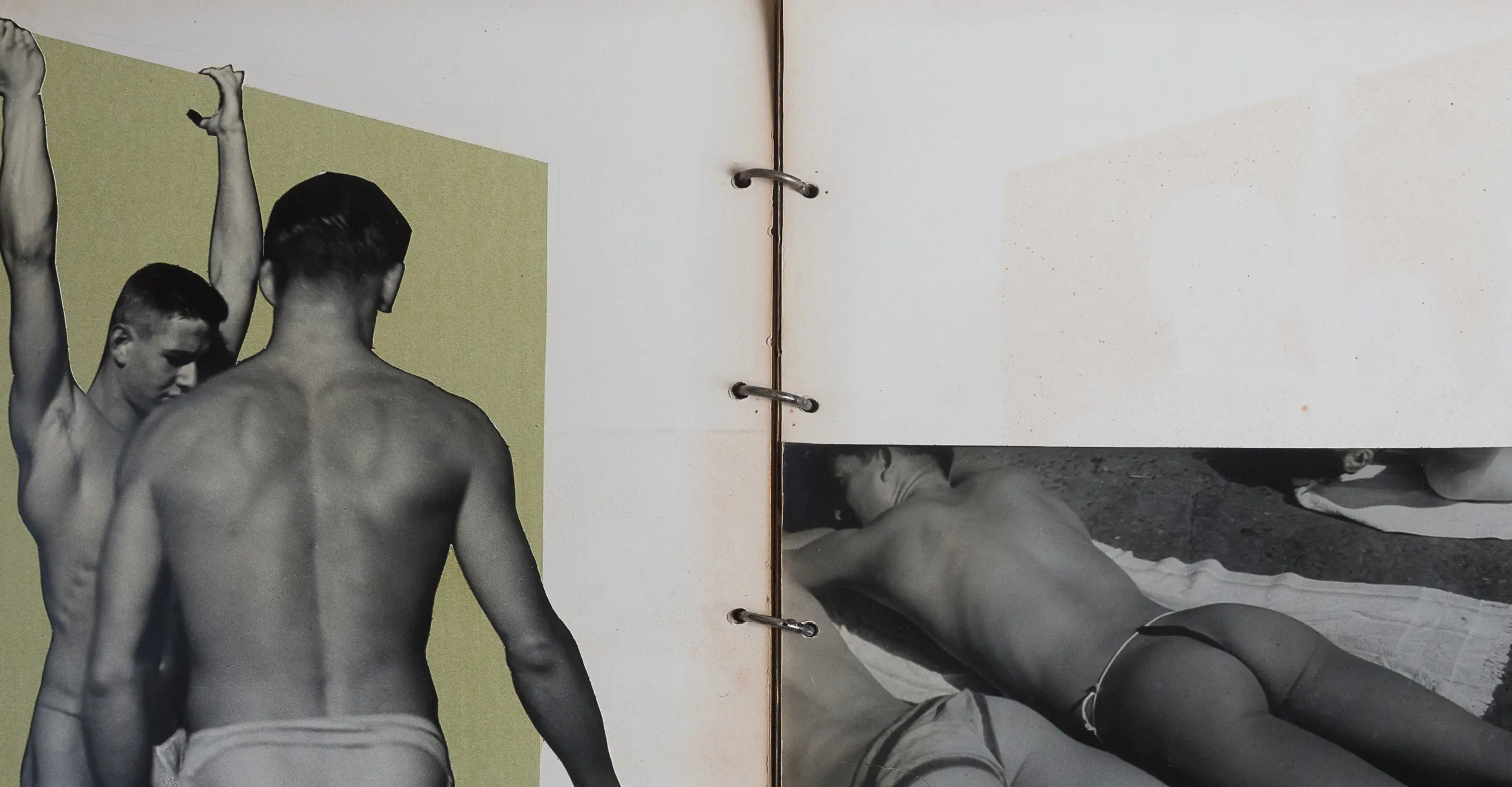 Book spread of photo collages of two men. On the Right page the two men are laying down on a towel, on the left side they're standing, one with he's back towards the camera