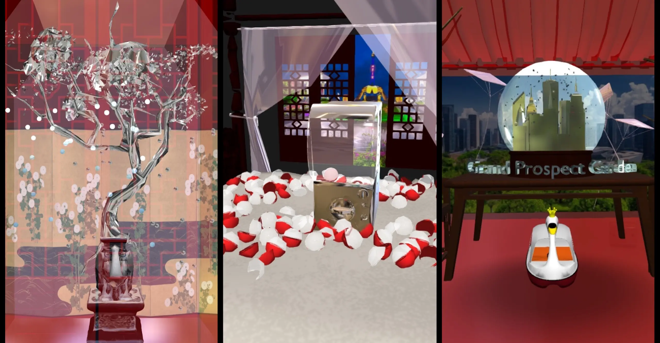 Three computer generated images side by side, from left to right - a delicately limbed tree with metalic blossoms; the interior of a bright room with red & white spheres scattered on the floor; and a snowglobe with a city landscape perched on a table in front of a window with a cityscape beyond.