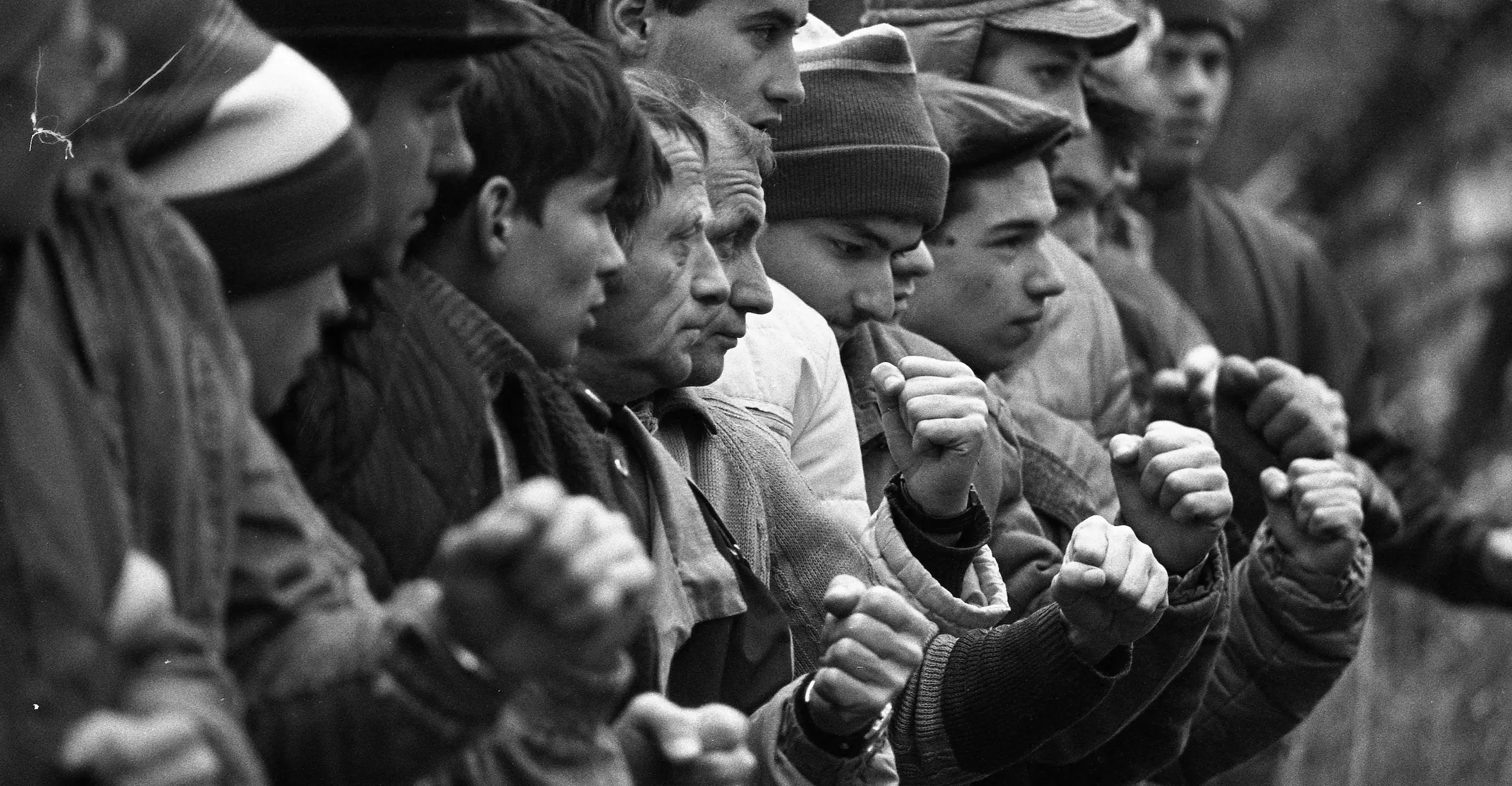 Black and white image of a crowd scene