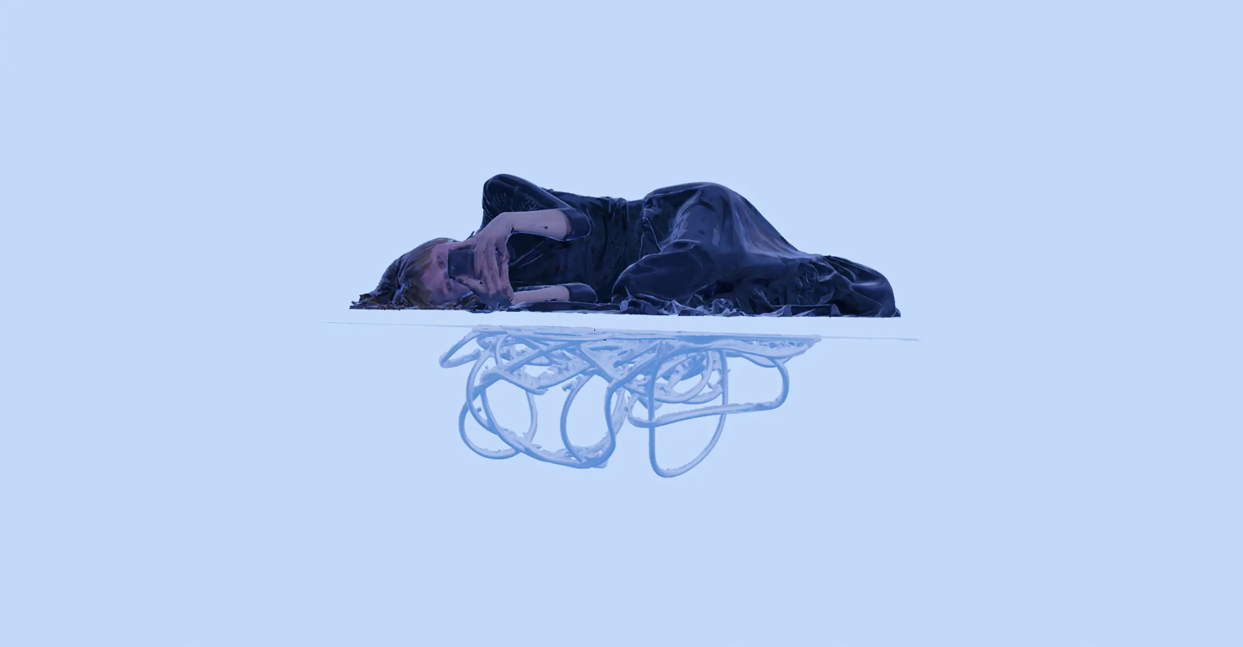 A 3D scan of a woman in a black dress, lying down on her phone, floats on a platform that has a base of light 3D tubes