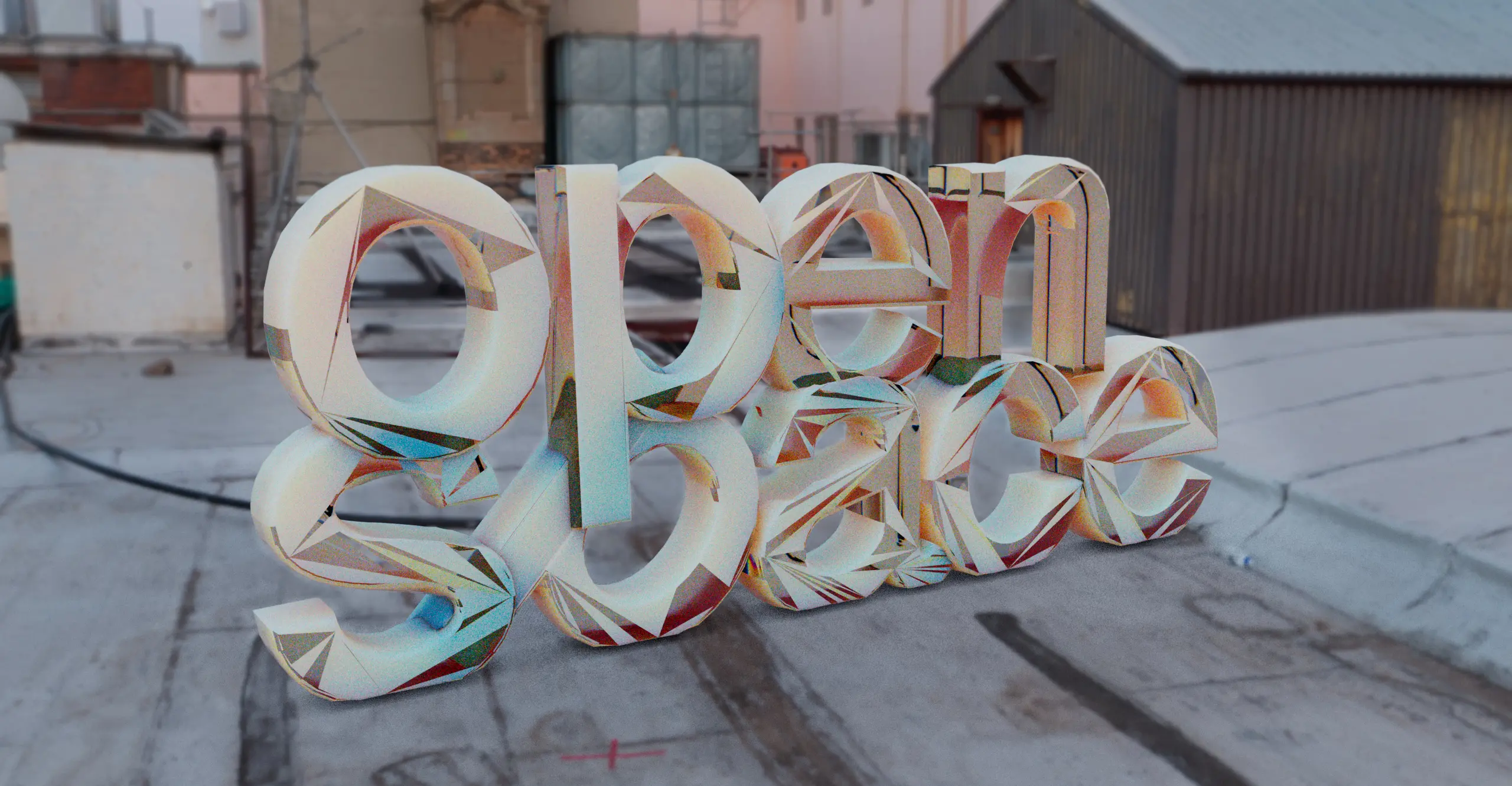 3D text that reads 'Open Space' sits on a rooftop