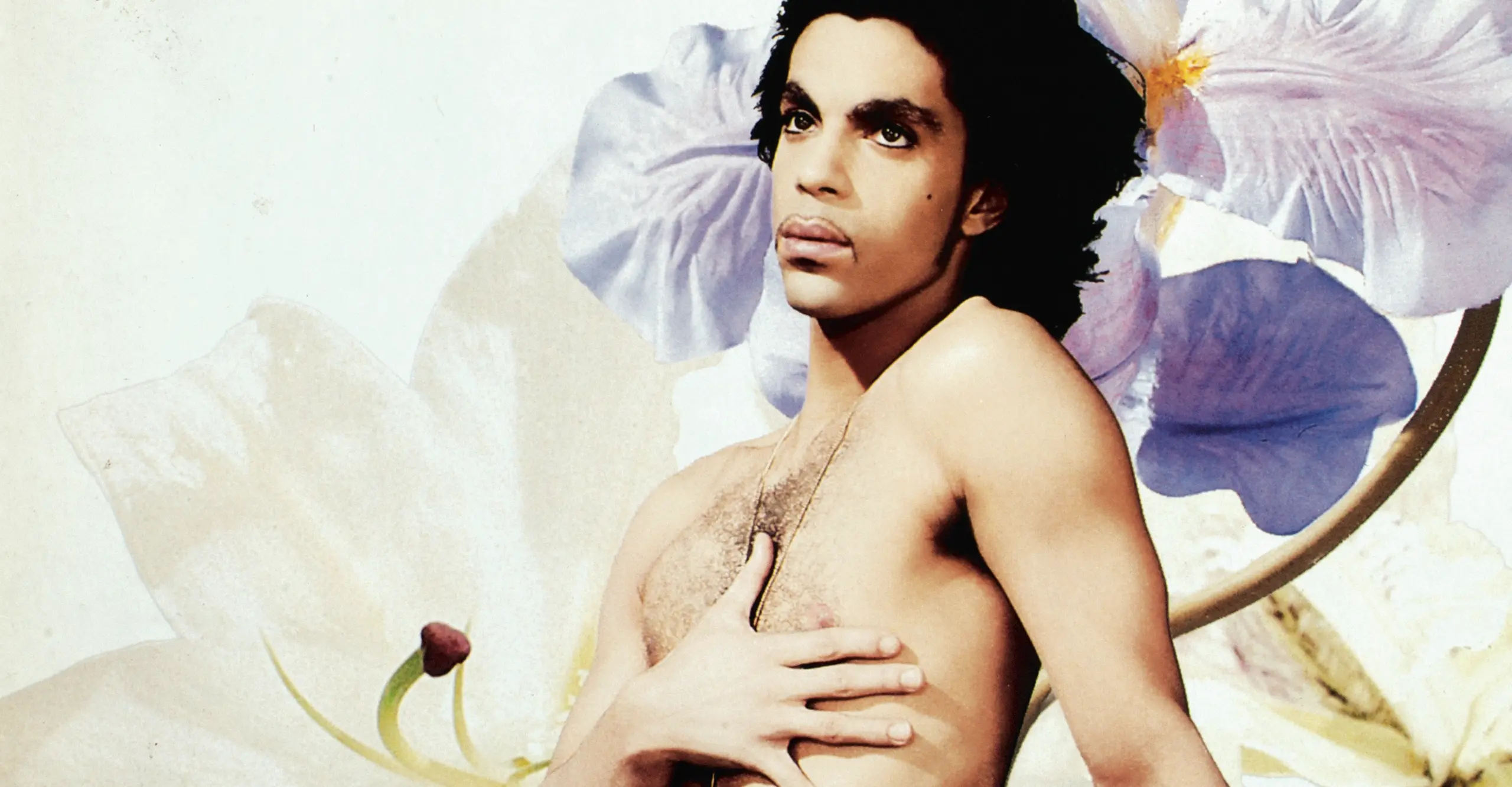 Portrait of the musician Prince looking into the distance with hand held up to naked chest, an enlarged pastel-coloured flower in the background.