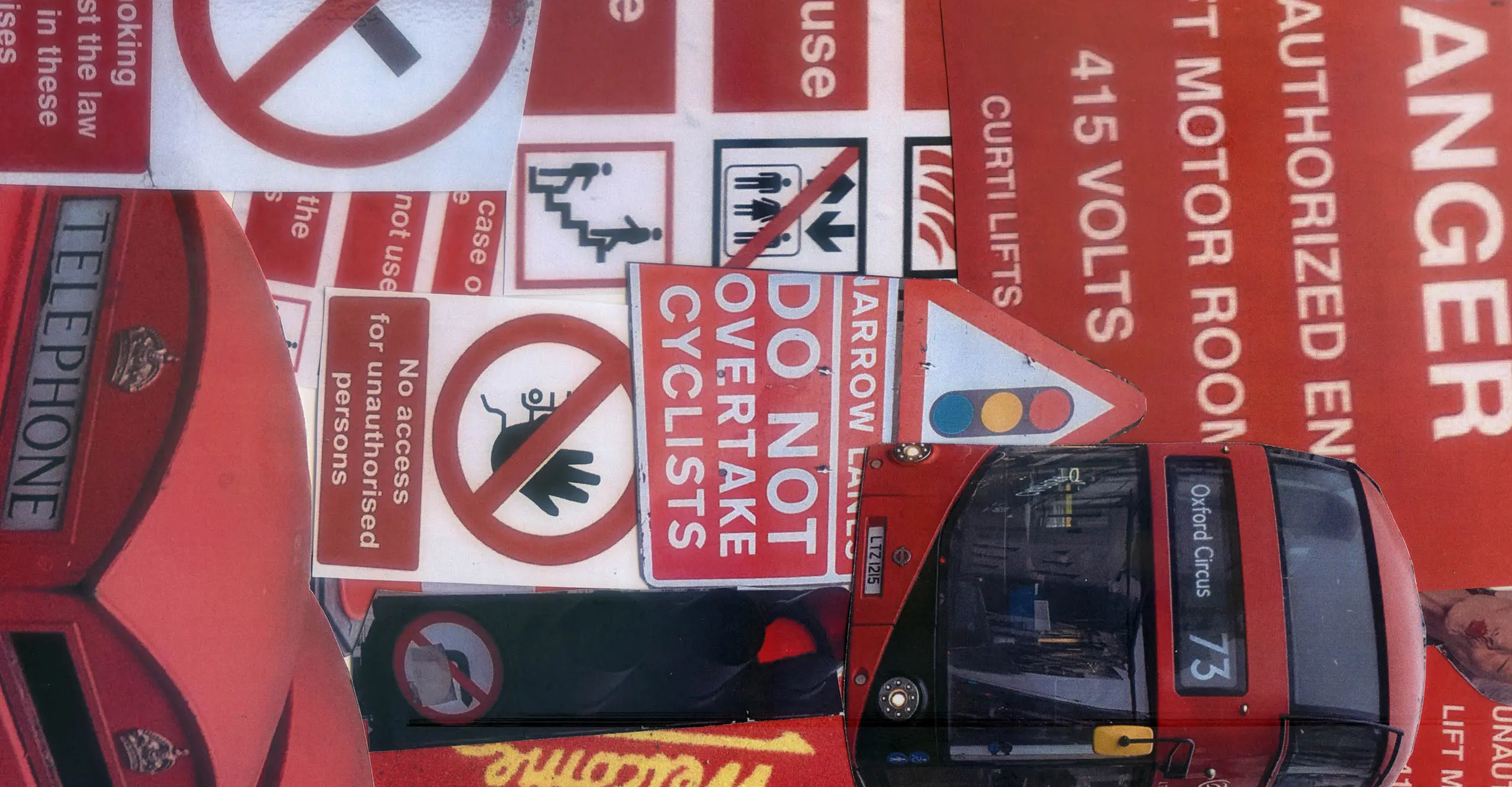 A collage of road signs and a double decker bus.