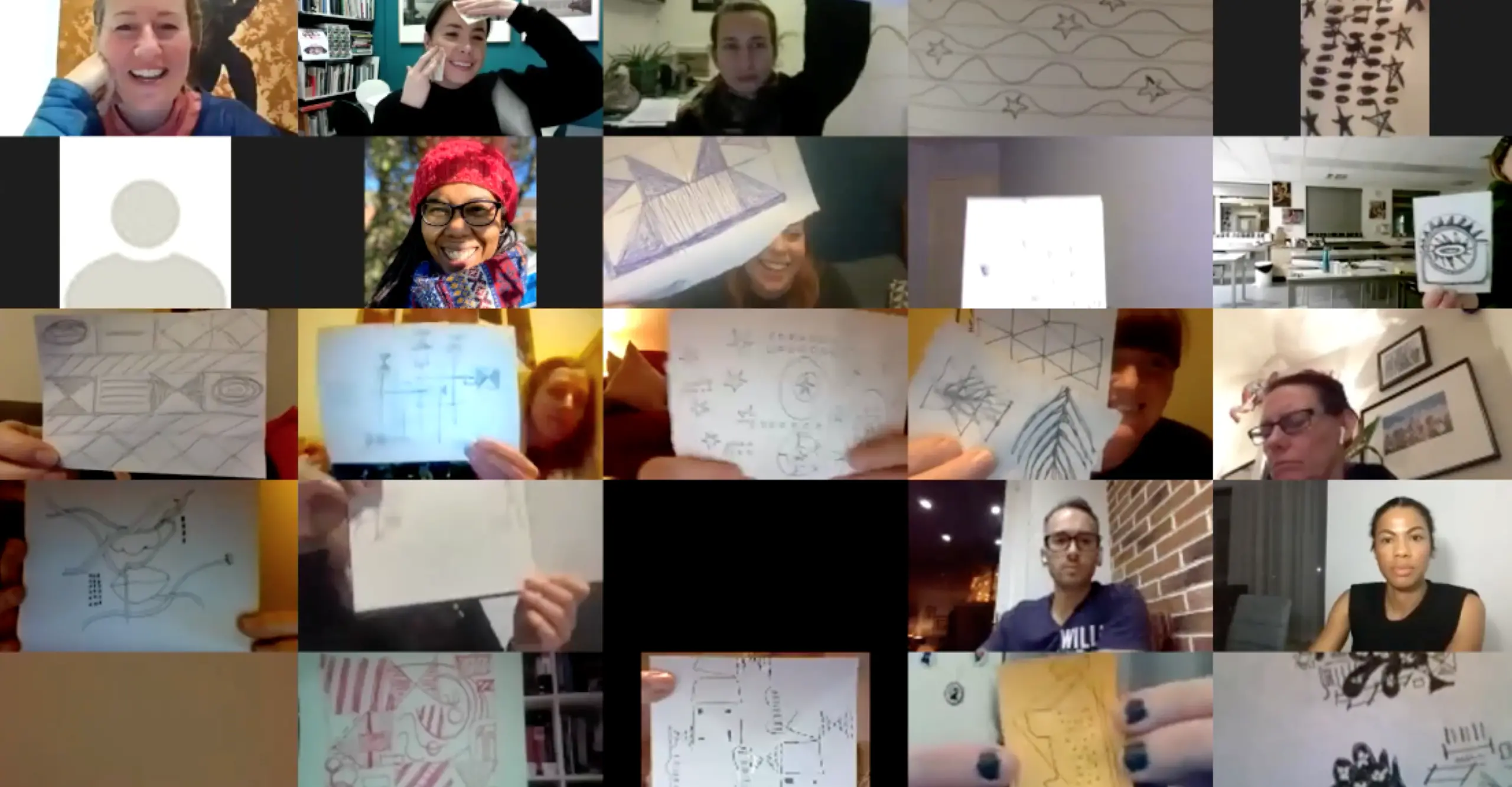 Screenshot from zoom, participants holding up their drawings