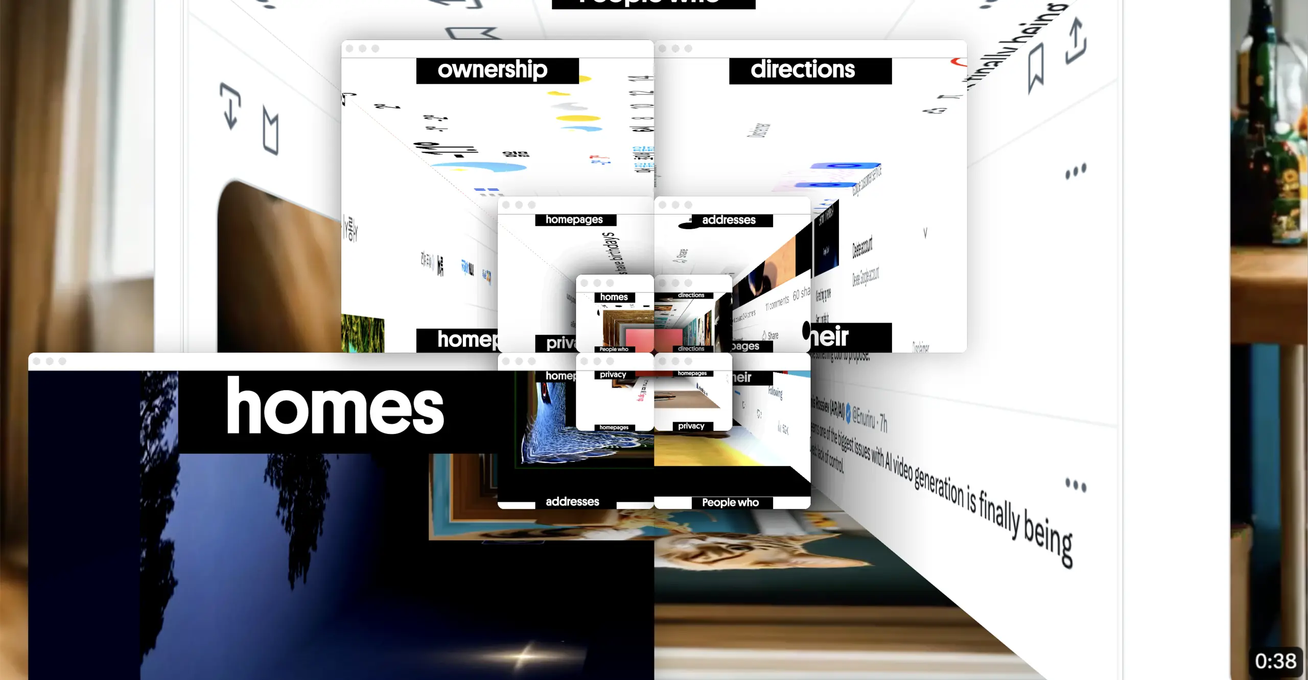 A screen grab of multiple windows in a perspective grid. Each window has a word and image within it.