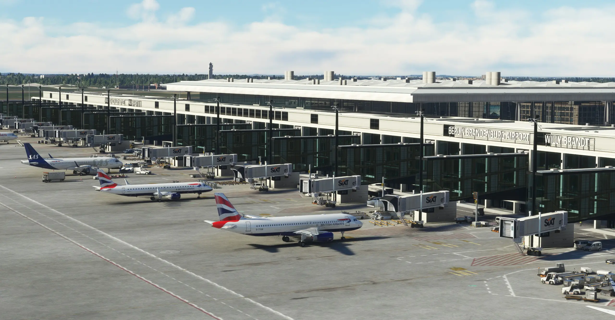 A screen capture of a hyper-realistic flight simulator showing the Berlin Brandenburg Airport on a sunny day
