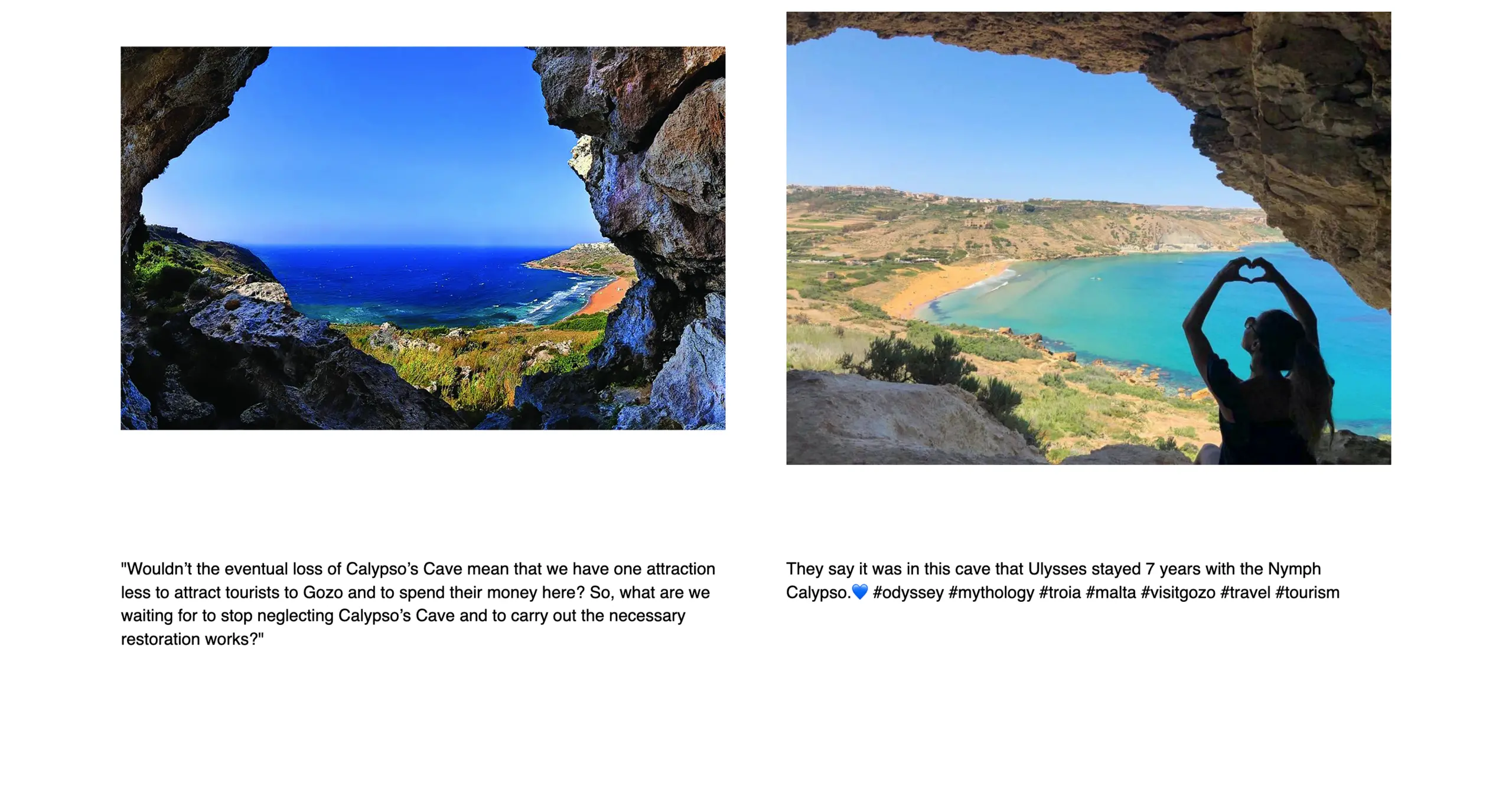 Two landscape photographs of beaches taken from the entrance of a cave. The images are over a white background side by side. Each photograph is accompanied by a caption referring to the Calypso cave.