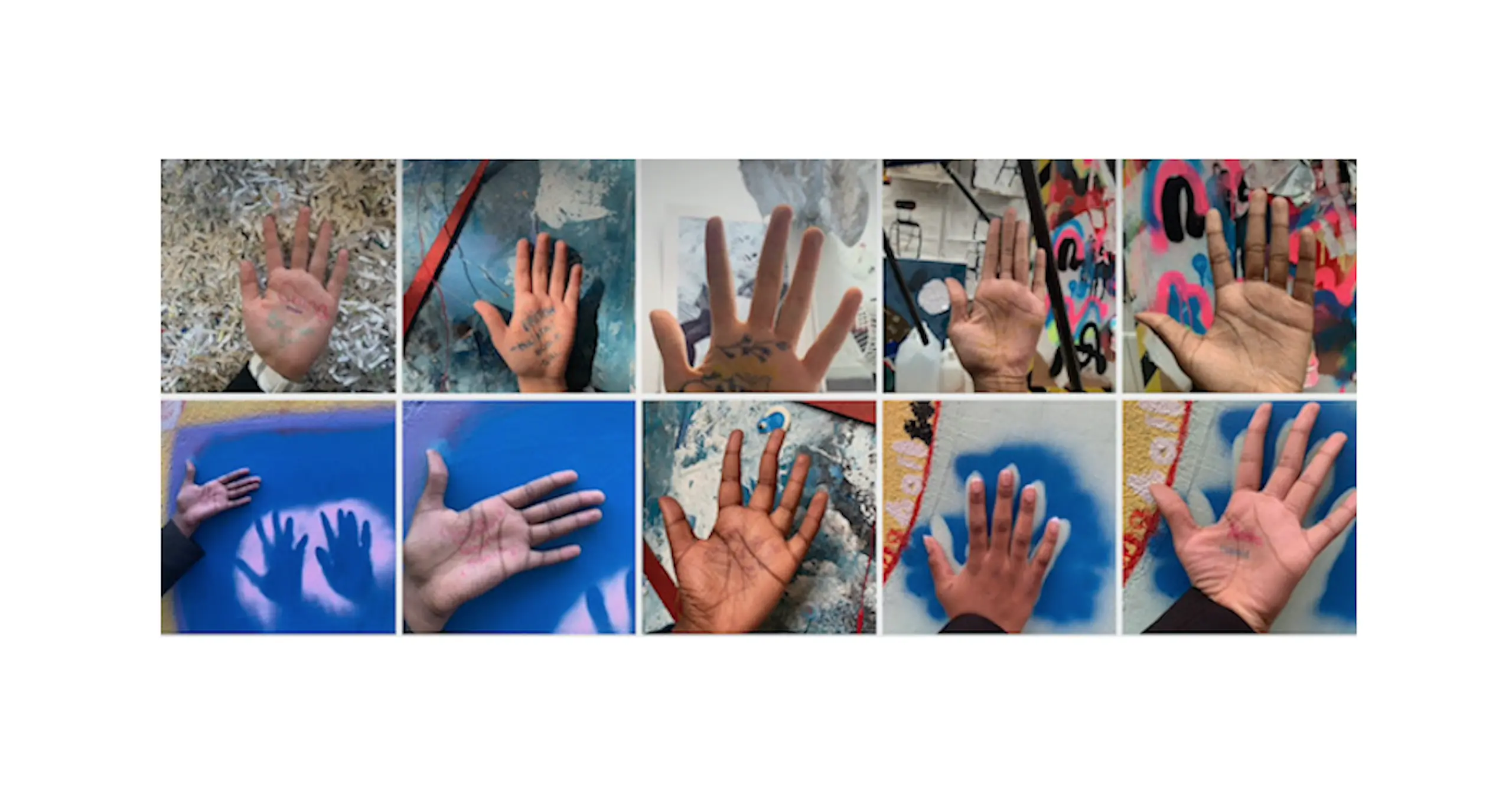 A collection of photographs of school pupils hands. 