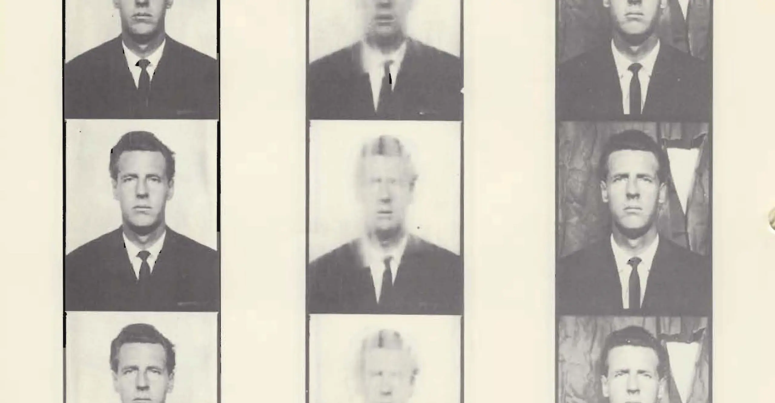 Three photostrips showcasing a white male whose image has been manipulated through various technical issues in the photobooth process
