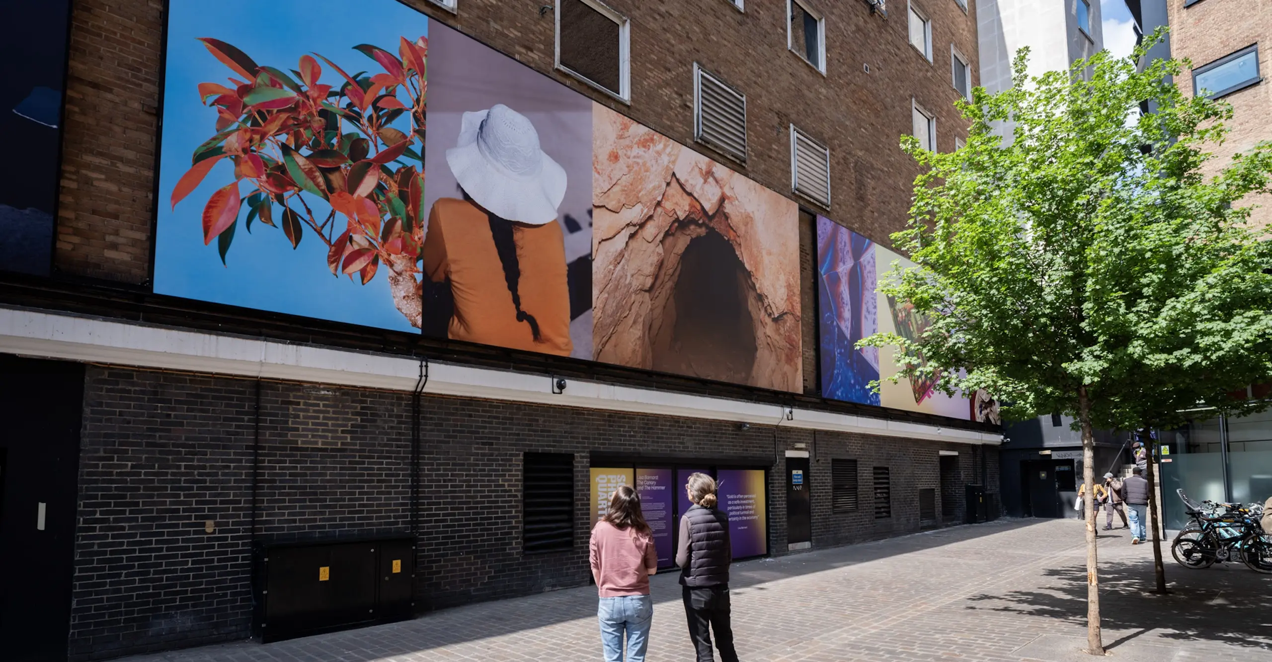 Installation shot of work by Lisa Barnard with two figures standing in front of display