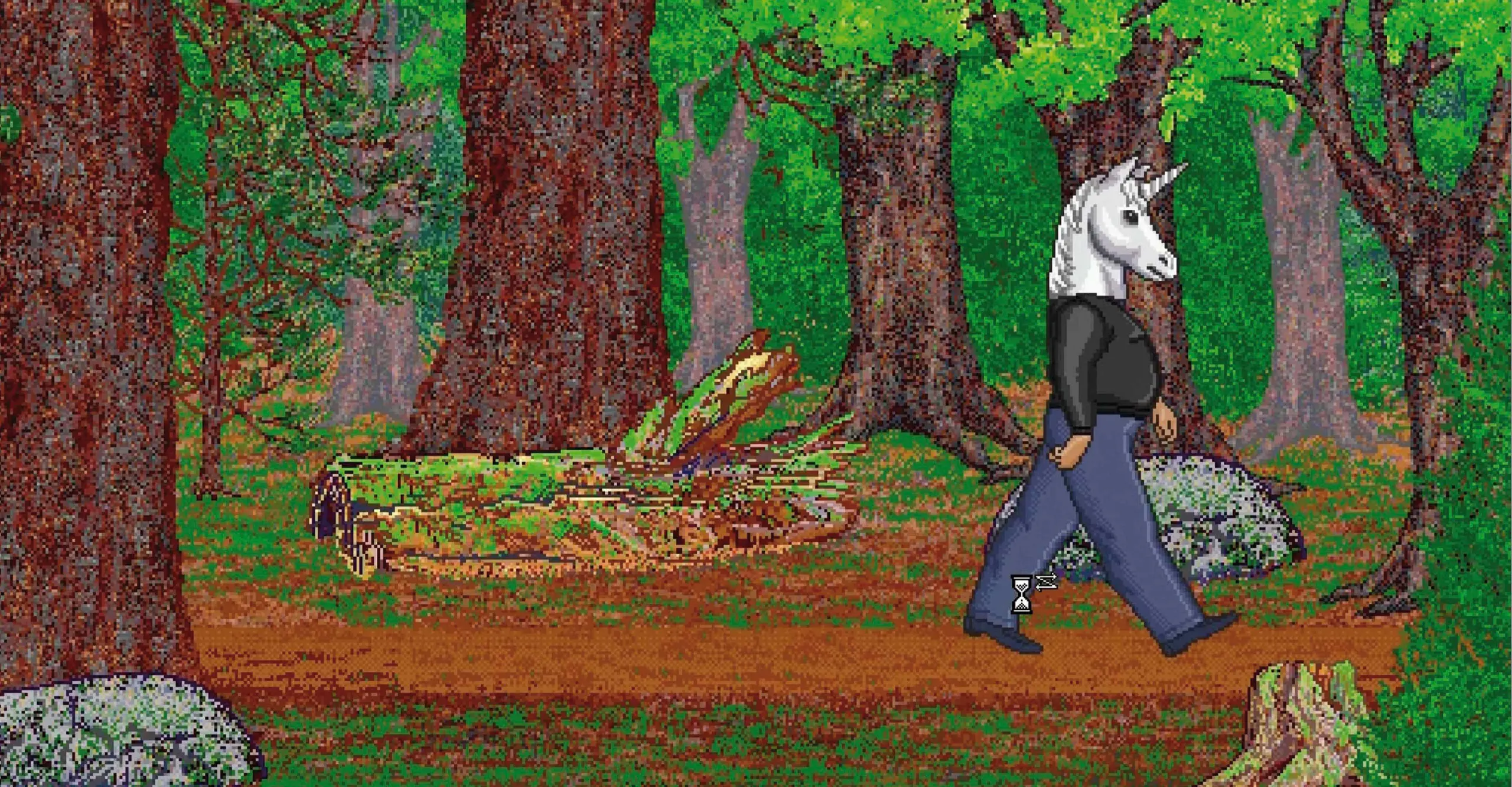 A digital unicorn in human clothes walks along a 2D digital forest landscape