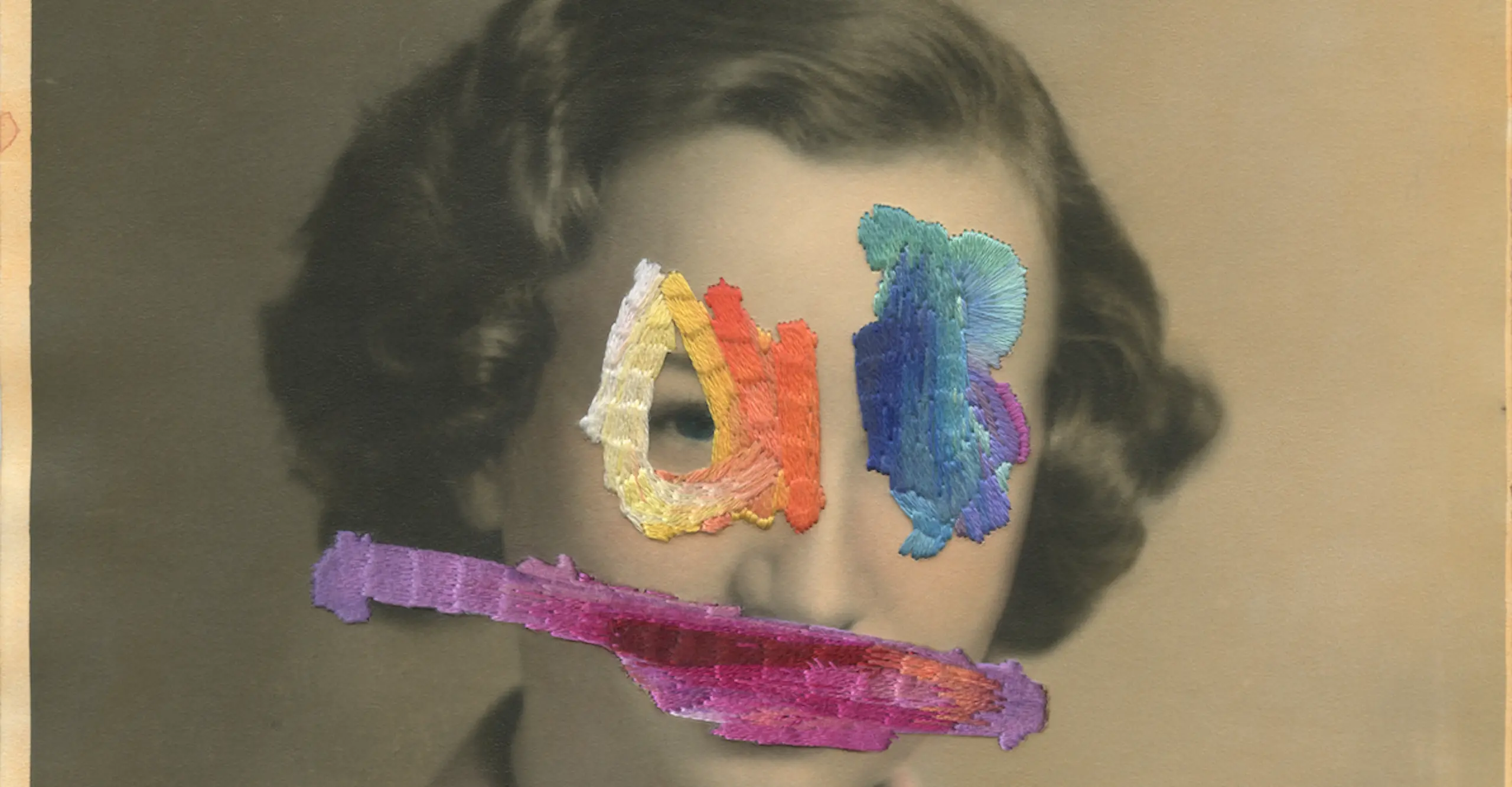Vintage portrait of a woman with colourful threads sewn into the photograph, obscuring her features
