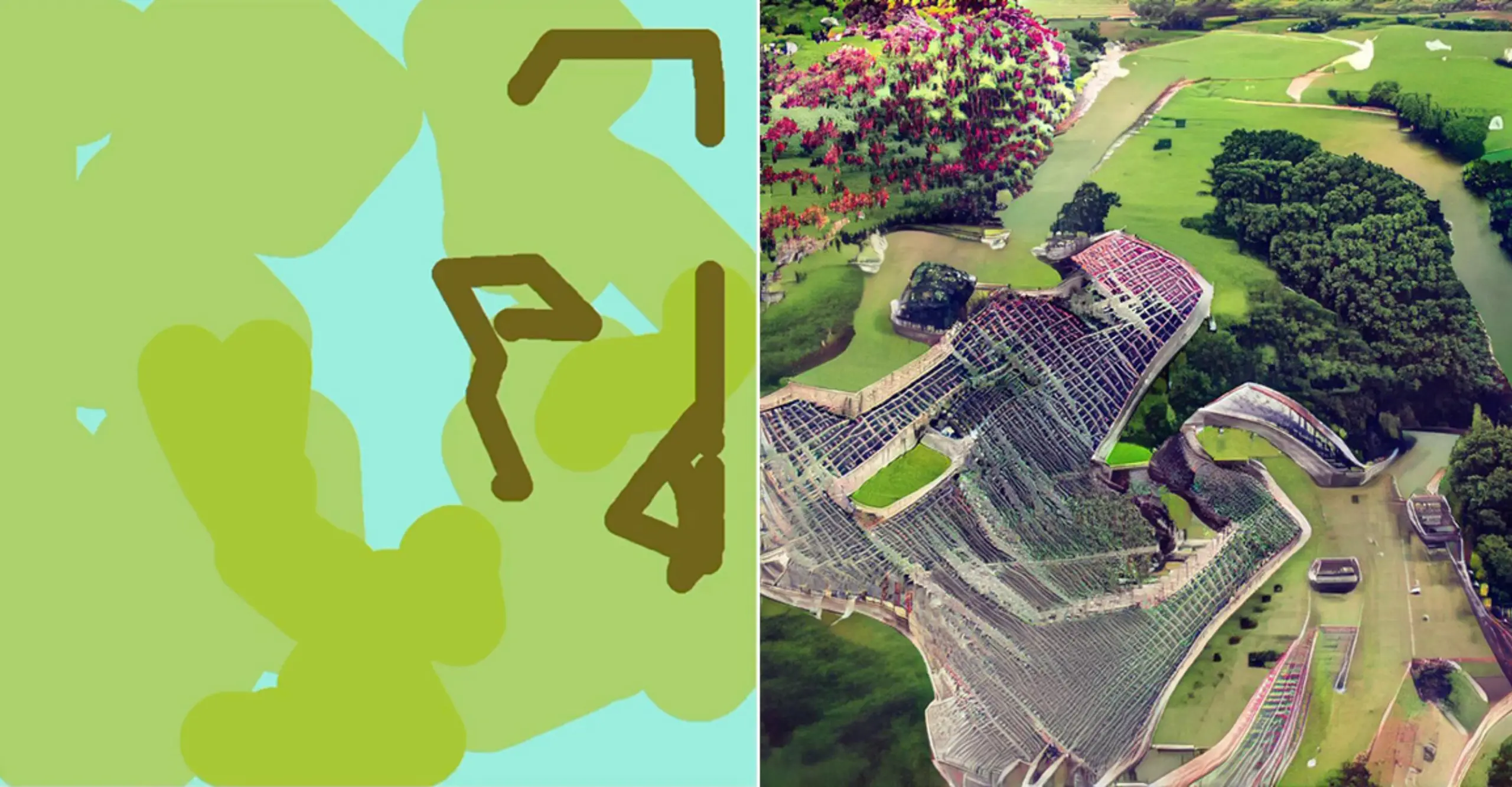 A diptych with a drawing using green, blue and brown colours, and aerial view of a landscape with some digital glitches